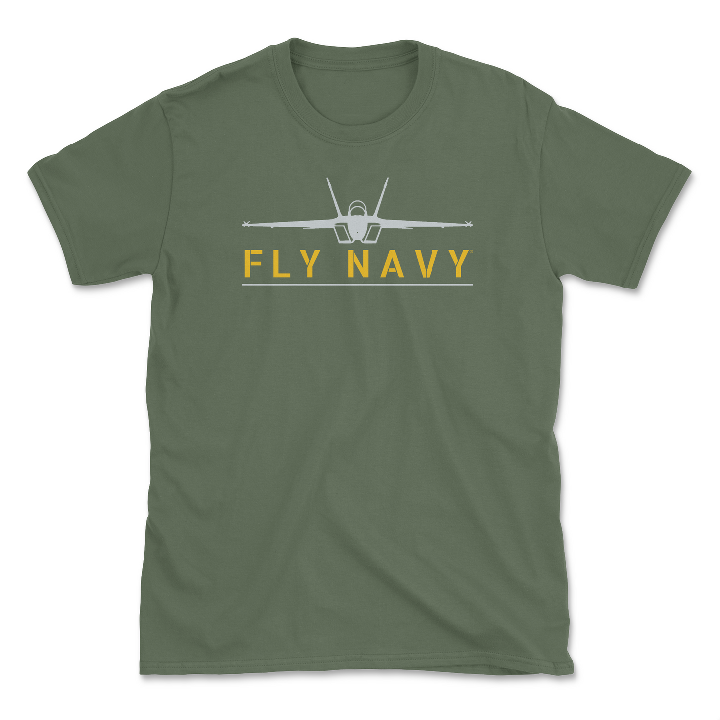 A military green-colored t-shirt with 'FLY NAVY' text and a graphic of the F/A-18 Super Hornet aircraft.
