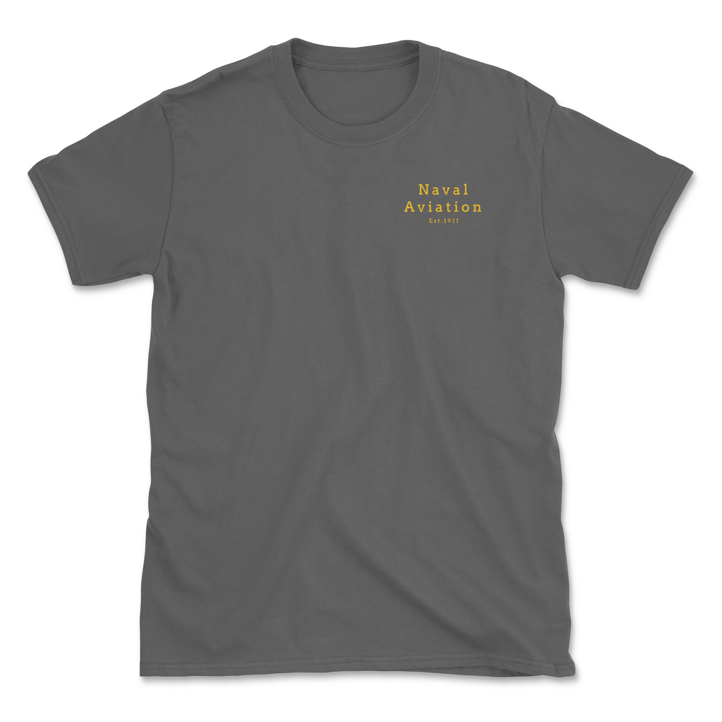 A charcoal-colored t-shirt with 'Naval Aviation' printed in gold lettering on the upper left chest area.