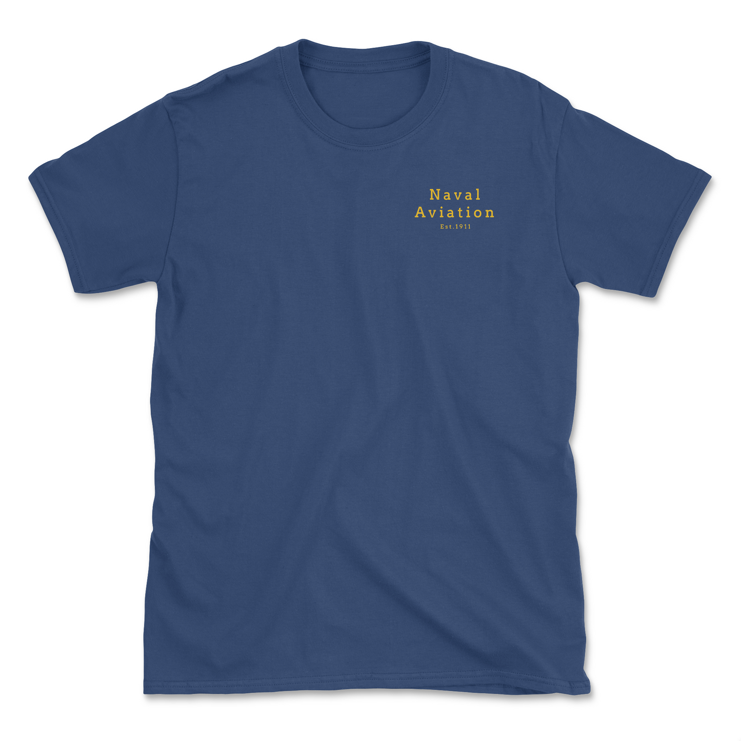 A blue-colored t-shirt with 'Naval Aviation' printed in gold lettering on the upper left chest area.
