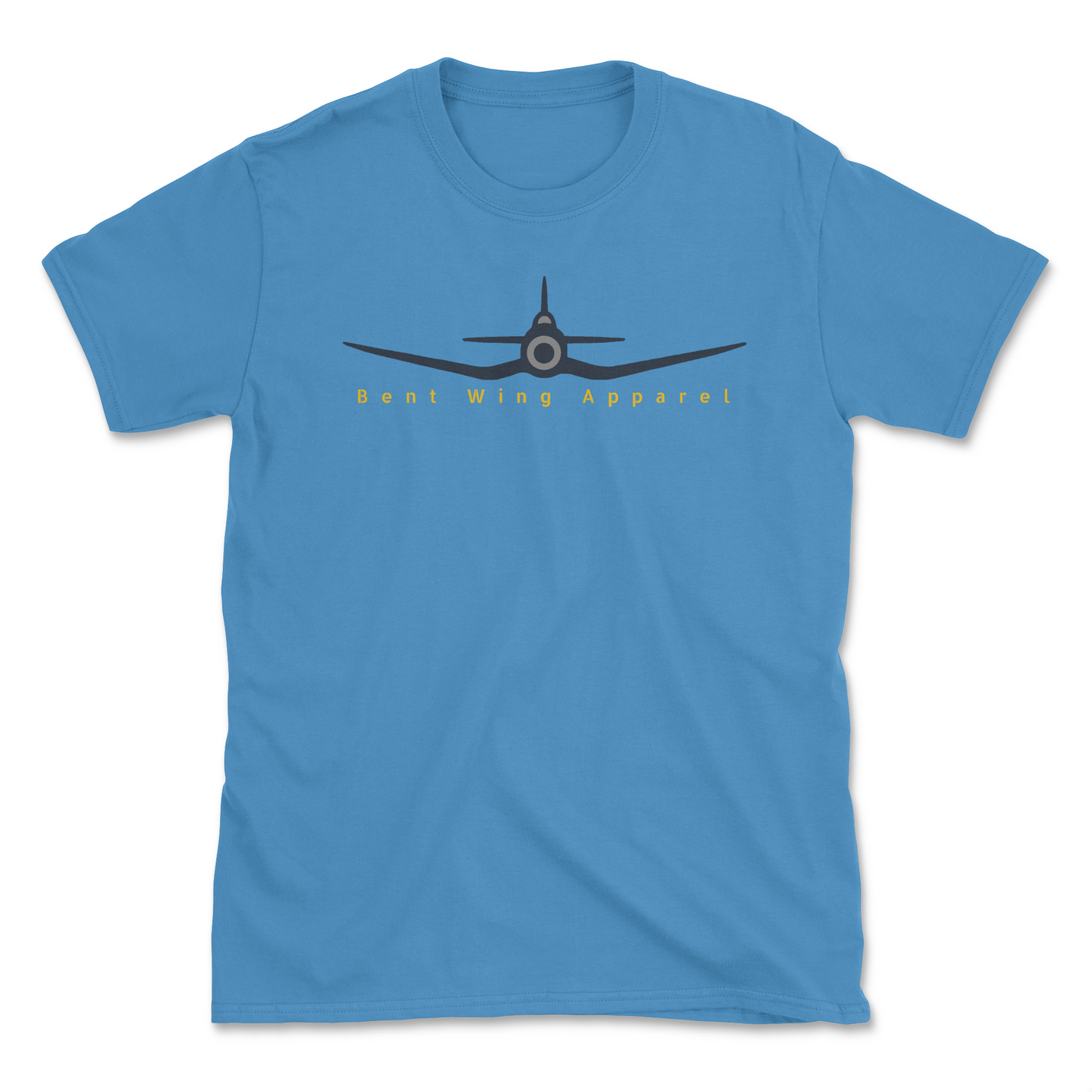 A blue crew neck t-shirt with a graphic of the F4U Corsair airplane and the text 'Bent Wing Apparel' on the front.