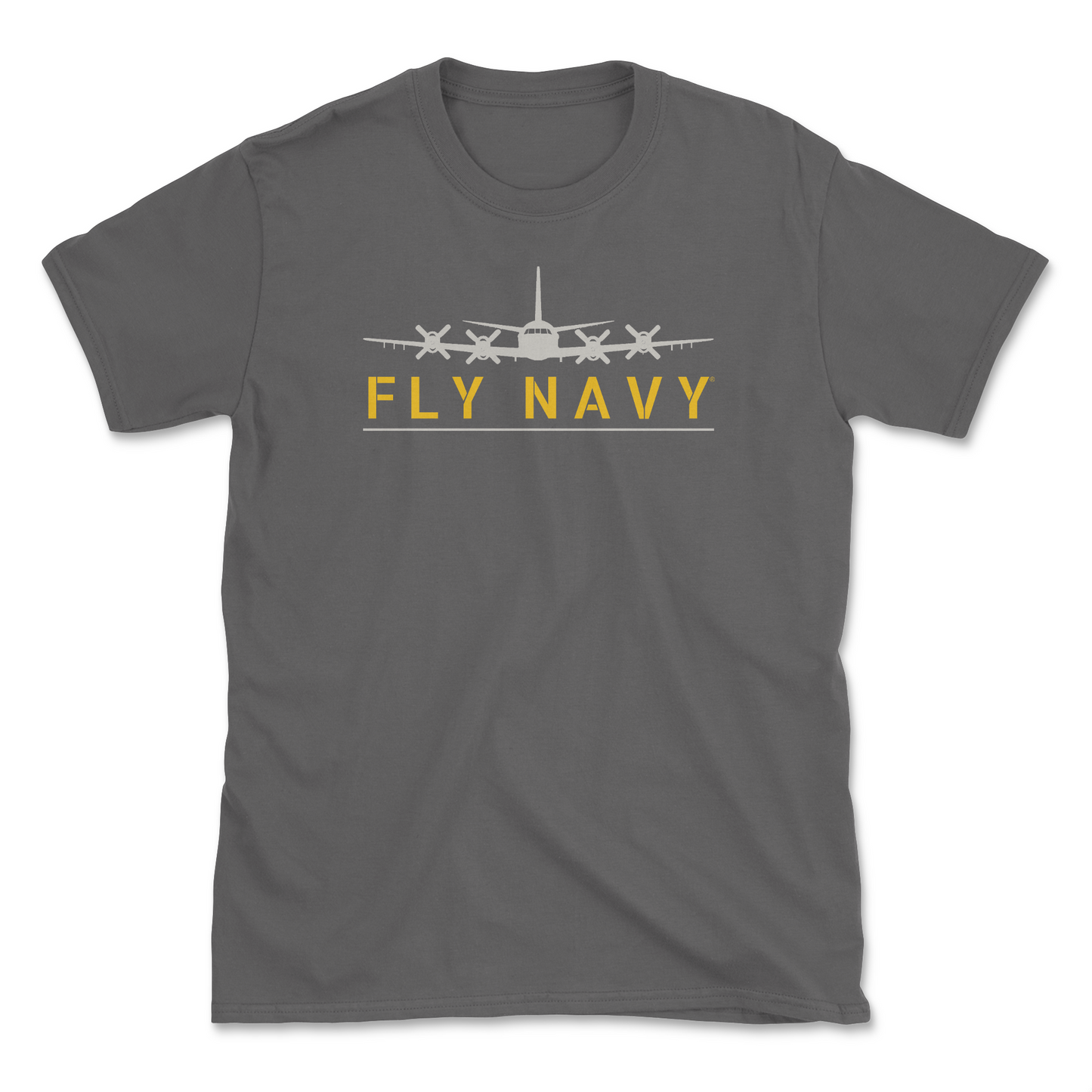 A charcoal-colored t-shirt with 'FLY NAVY' text and a graphic of the P-3 Orion aircraft.