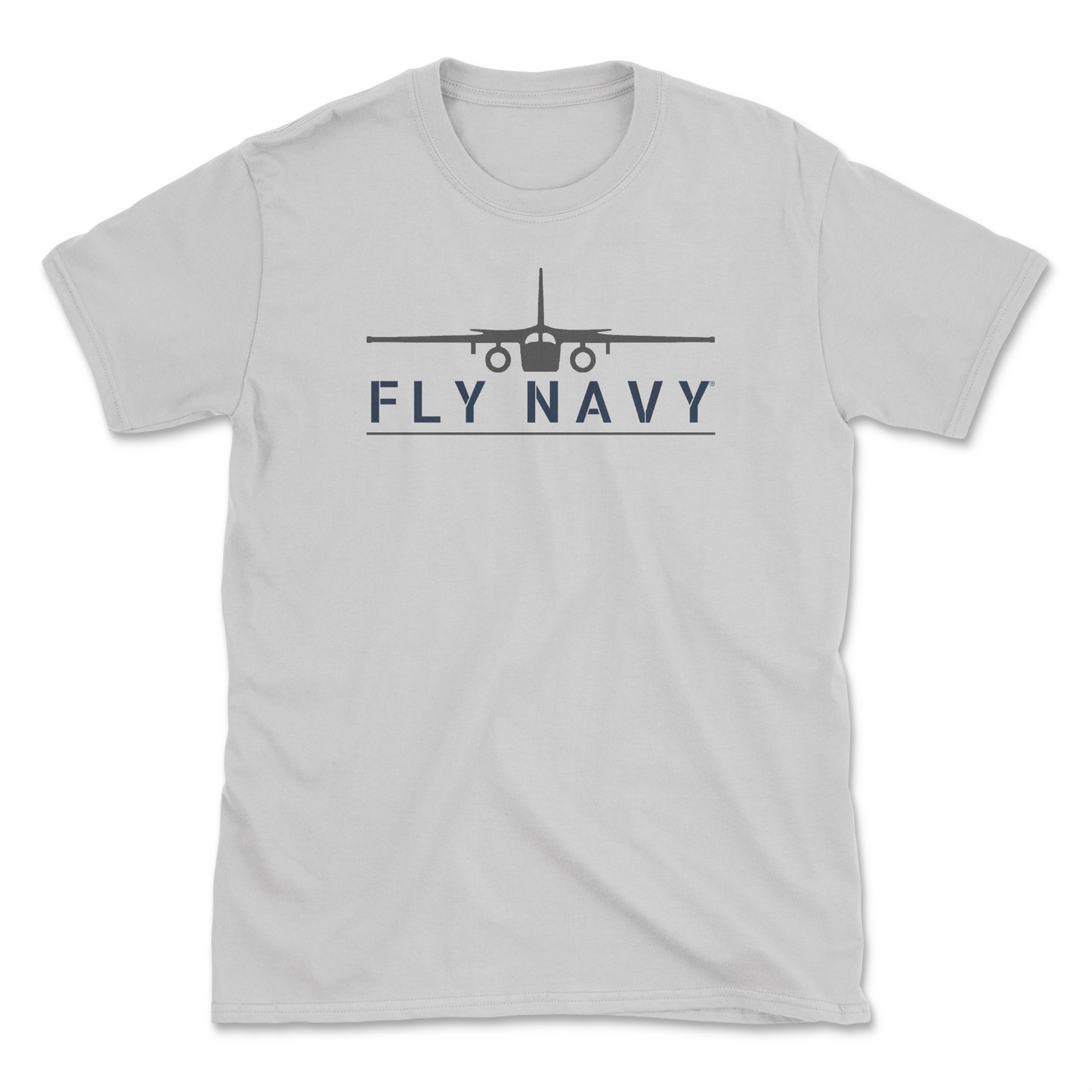 A light grey-colored t-shirt with 'FLY NAVY' text and a graphic of the S-3 Viking aircraft.