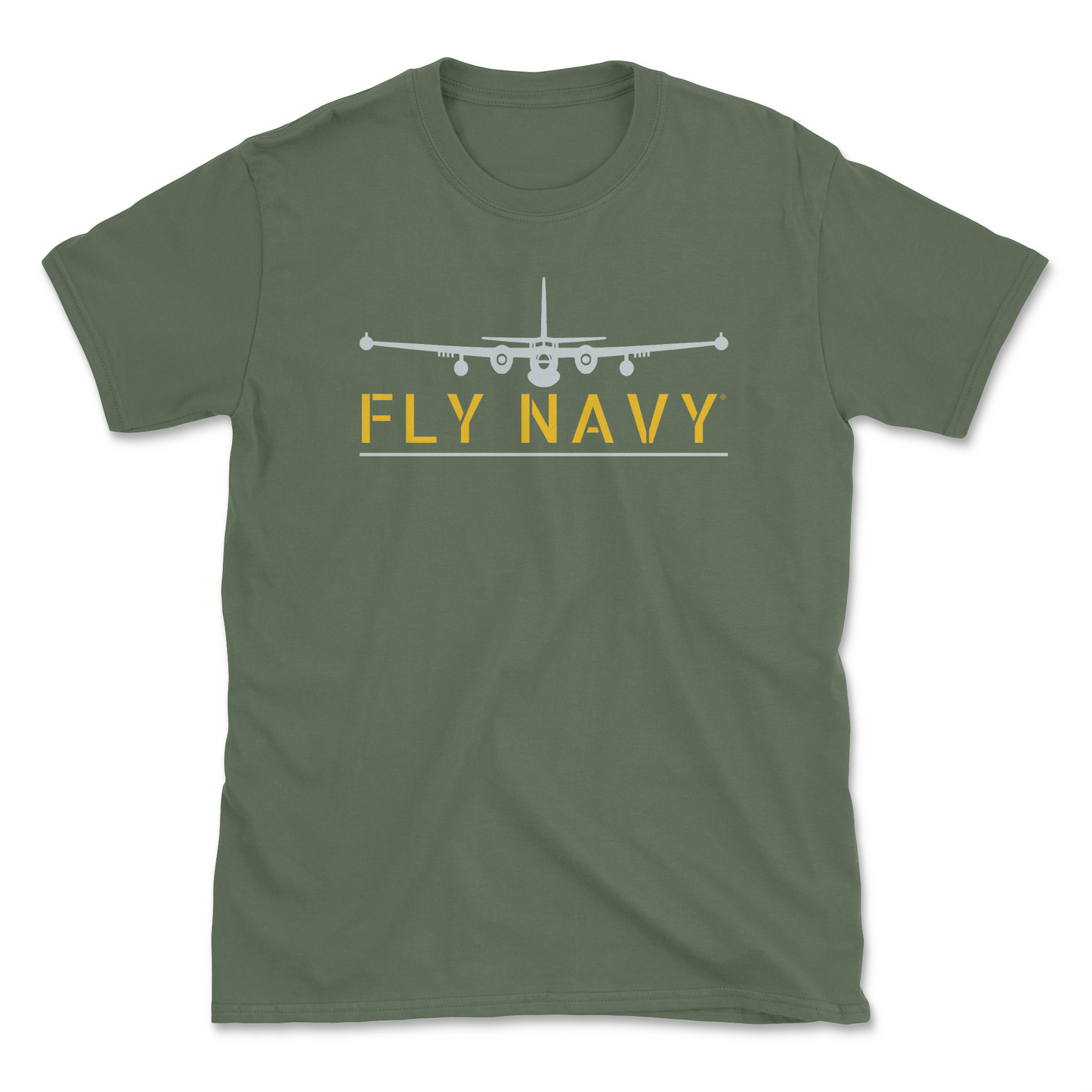 A military green-colored t-shirt with 'FLY NAVY' text and a graphic of the P2V Neptune aircraft.