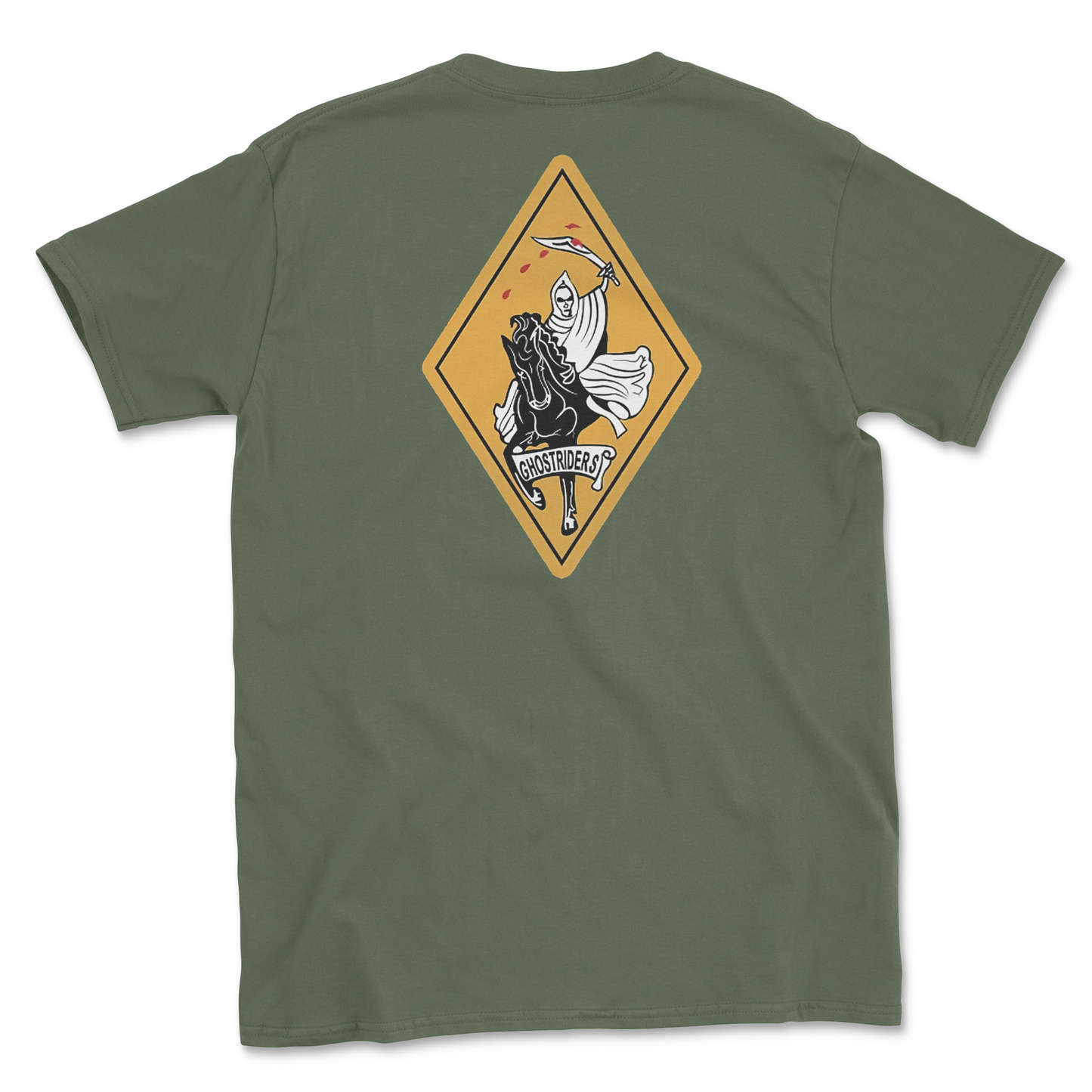 Military green t-shirt with squadron patch.