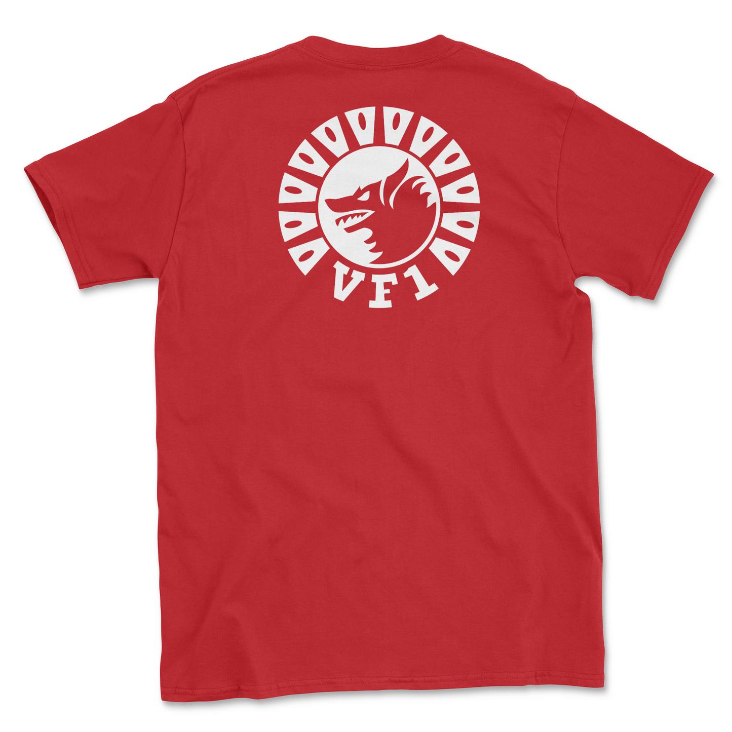 Red t-shirt with squadron patch.