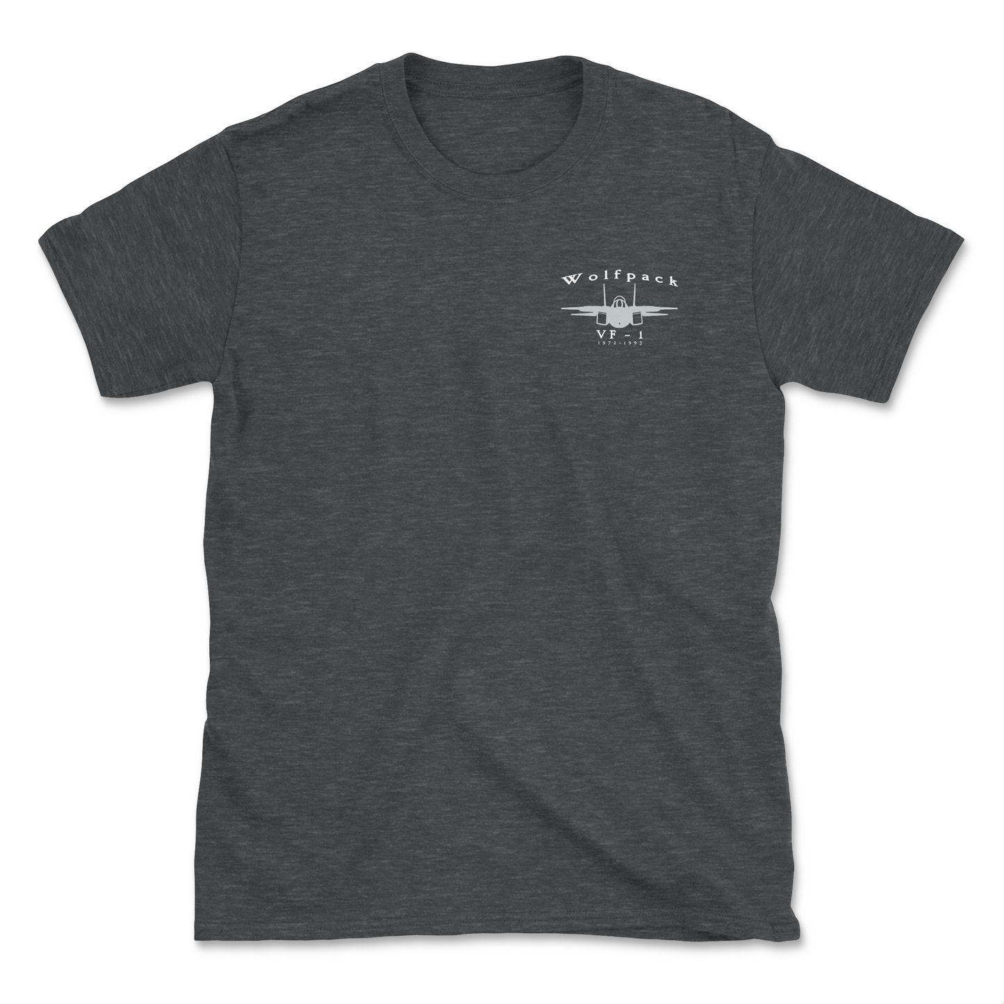 Dark heather grey t-shirt with an F-14 aircraft and squadron name.