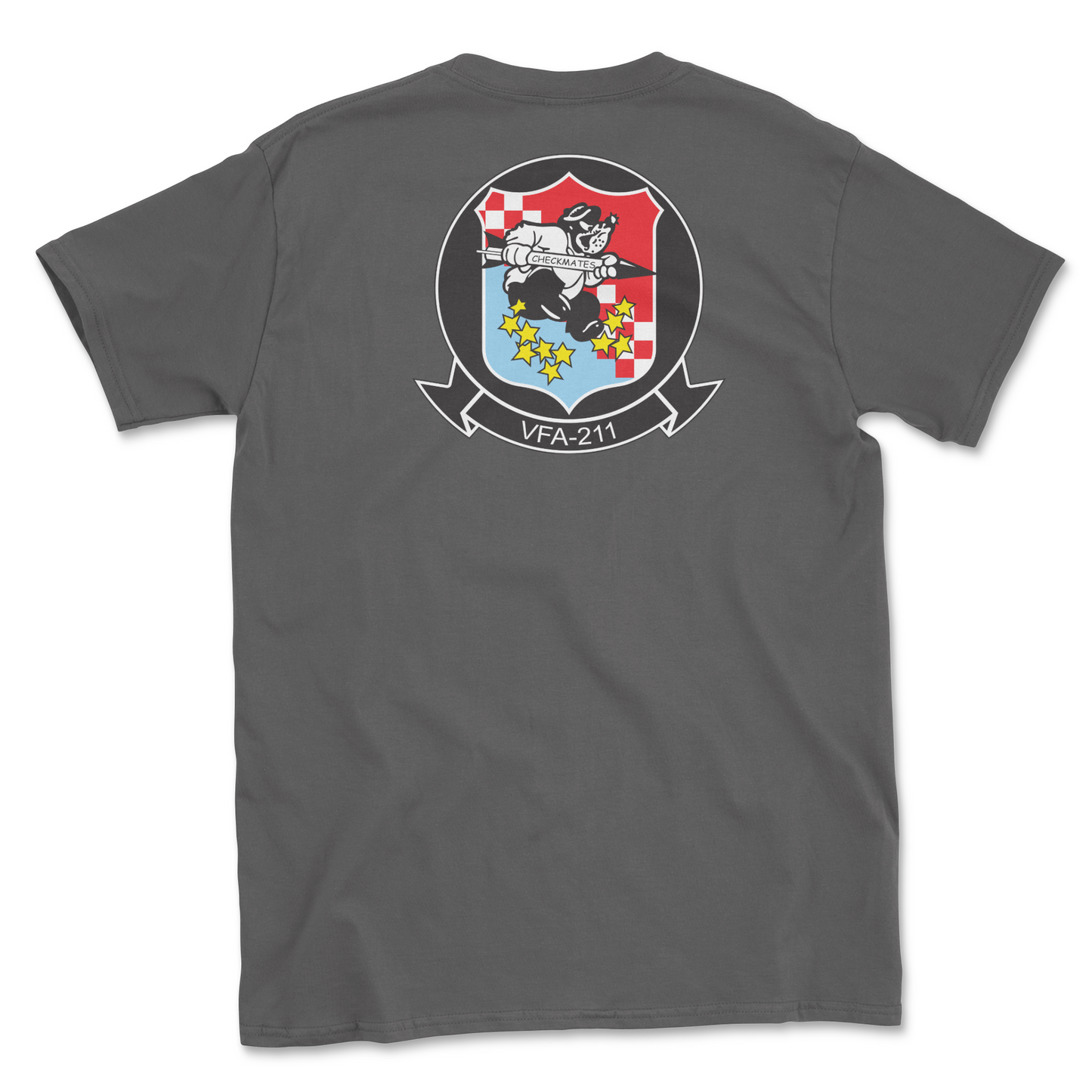 Charcoal t-shirt with squadron patch.