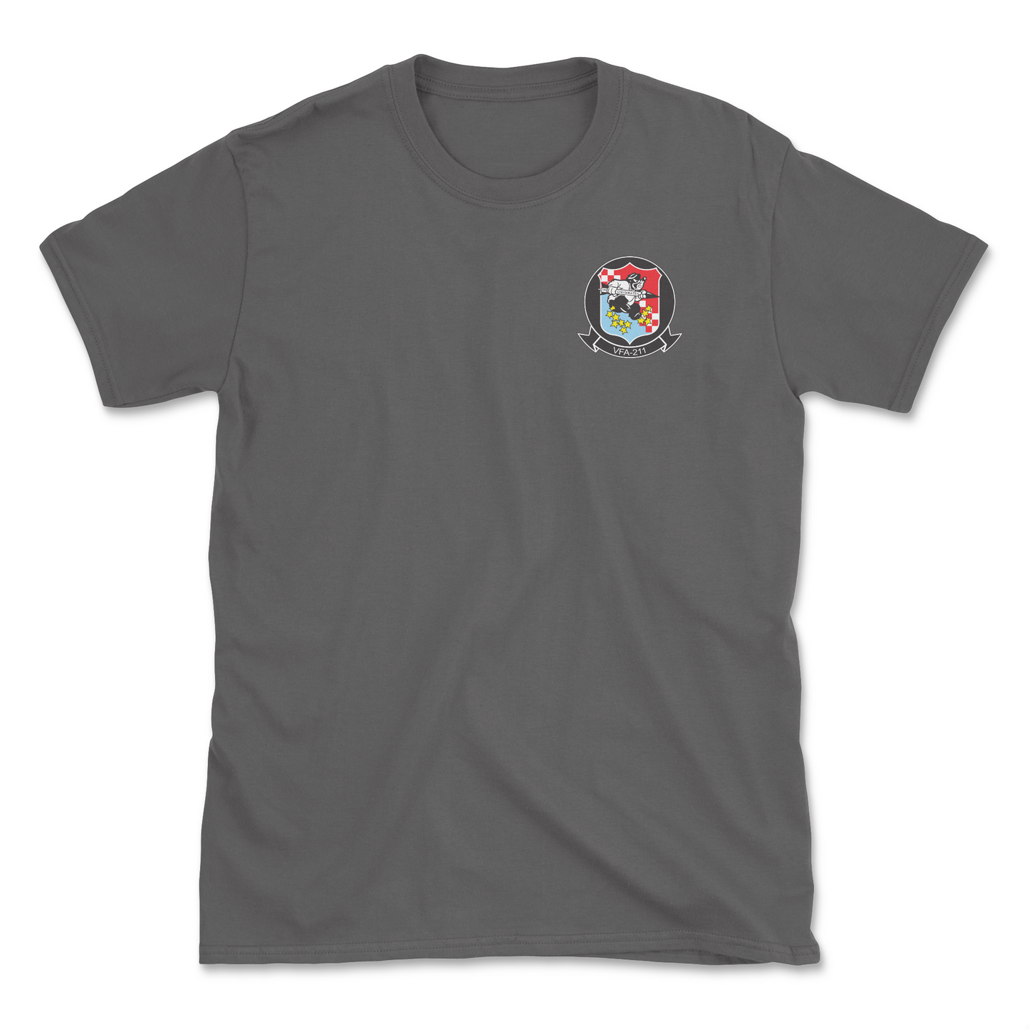 Charcoal t-shirt with squadron patch.