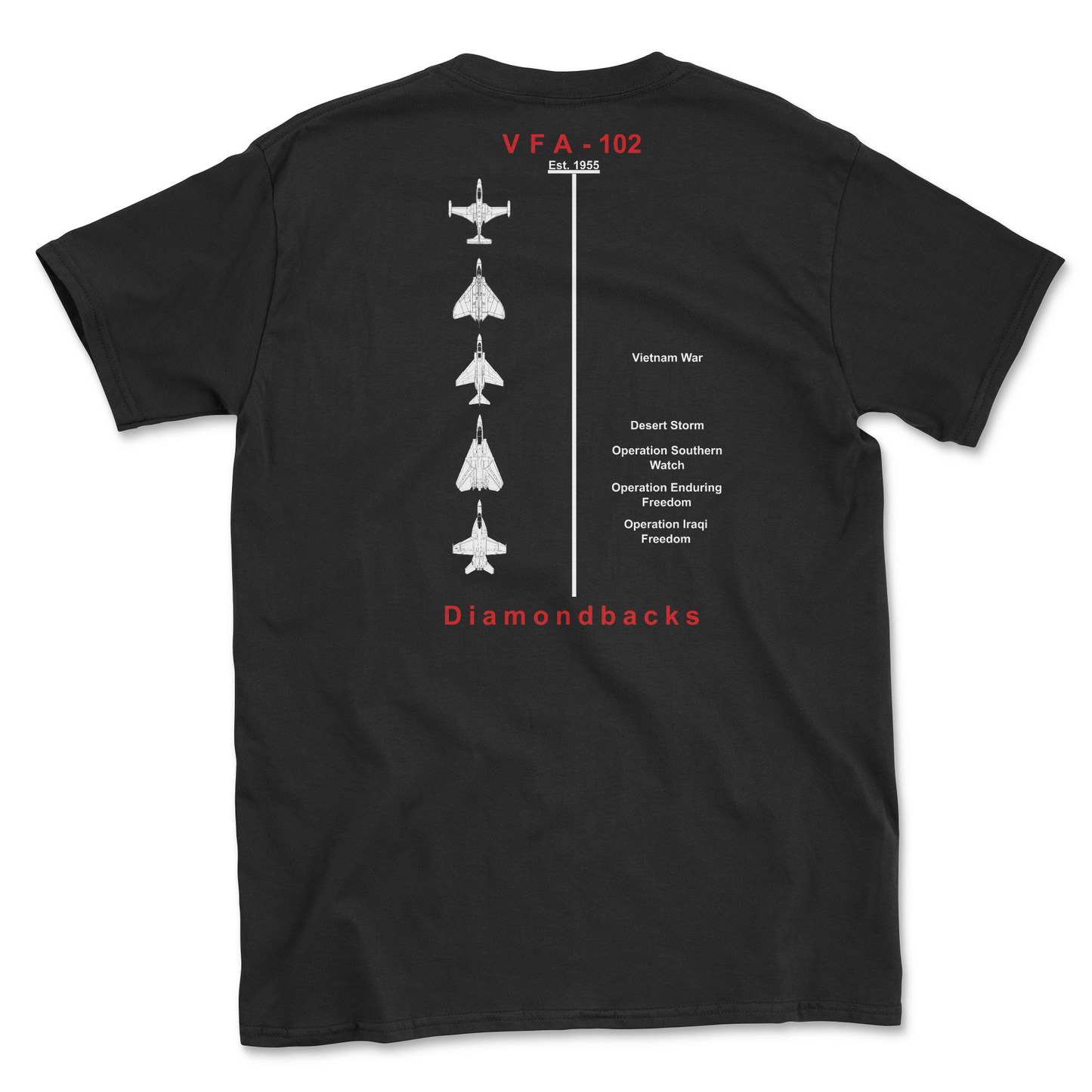 Black t-shirt with squadron aircraft and supported combat.