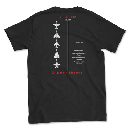 Black t-shirt with squadron aircraft and supported combat.
