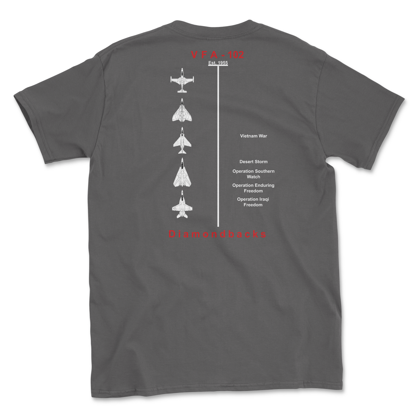 Charcoal t-shirt with squadron aircraft and supported combat.