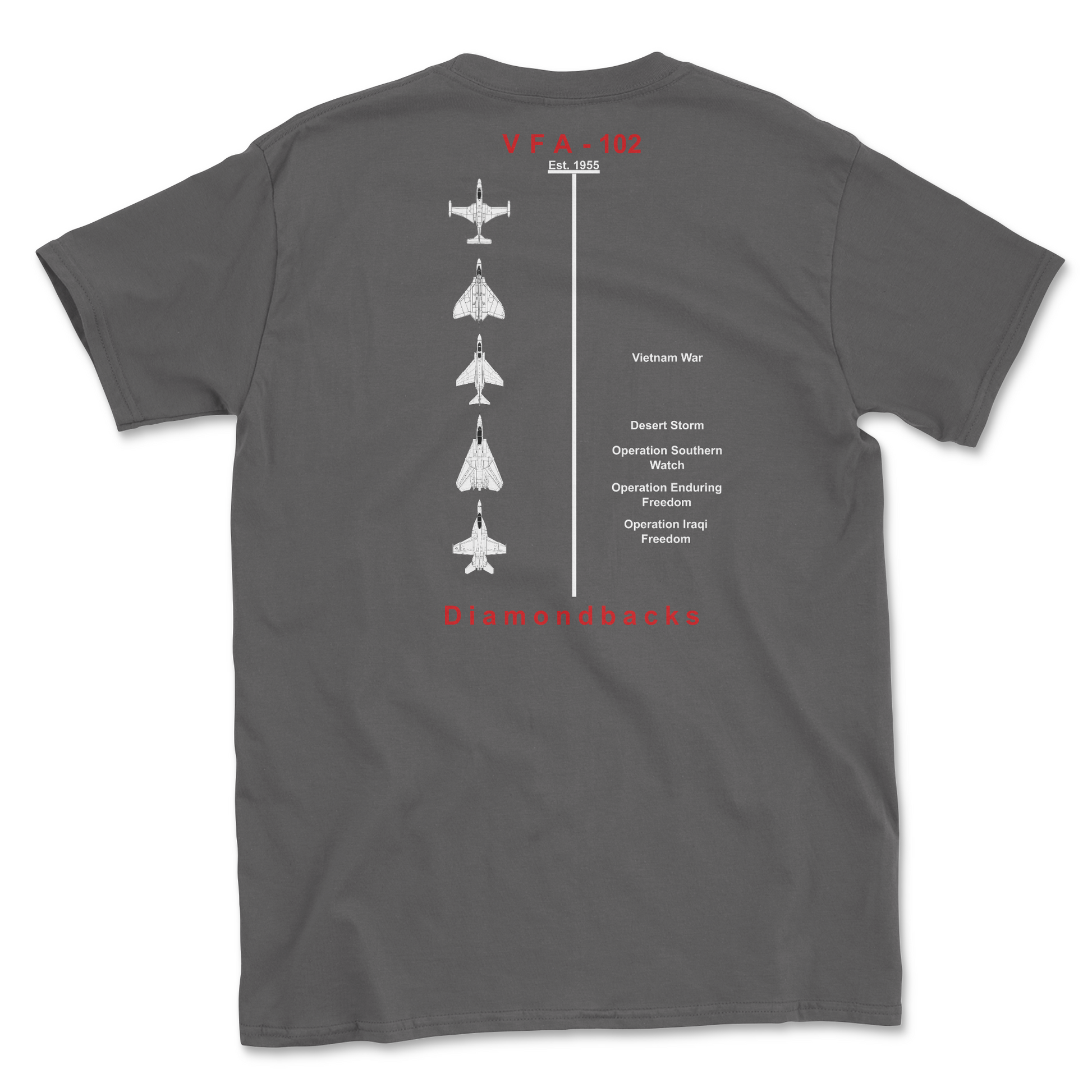 Charcoal t-shirt with squadron aircraft and supported combat.
