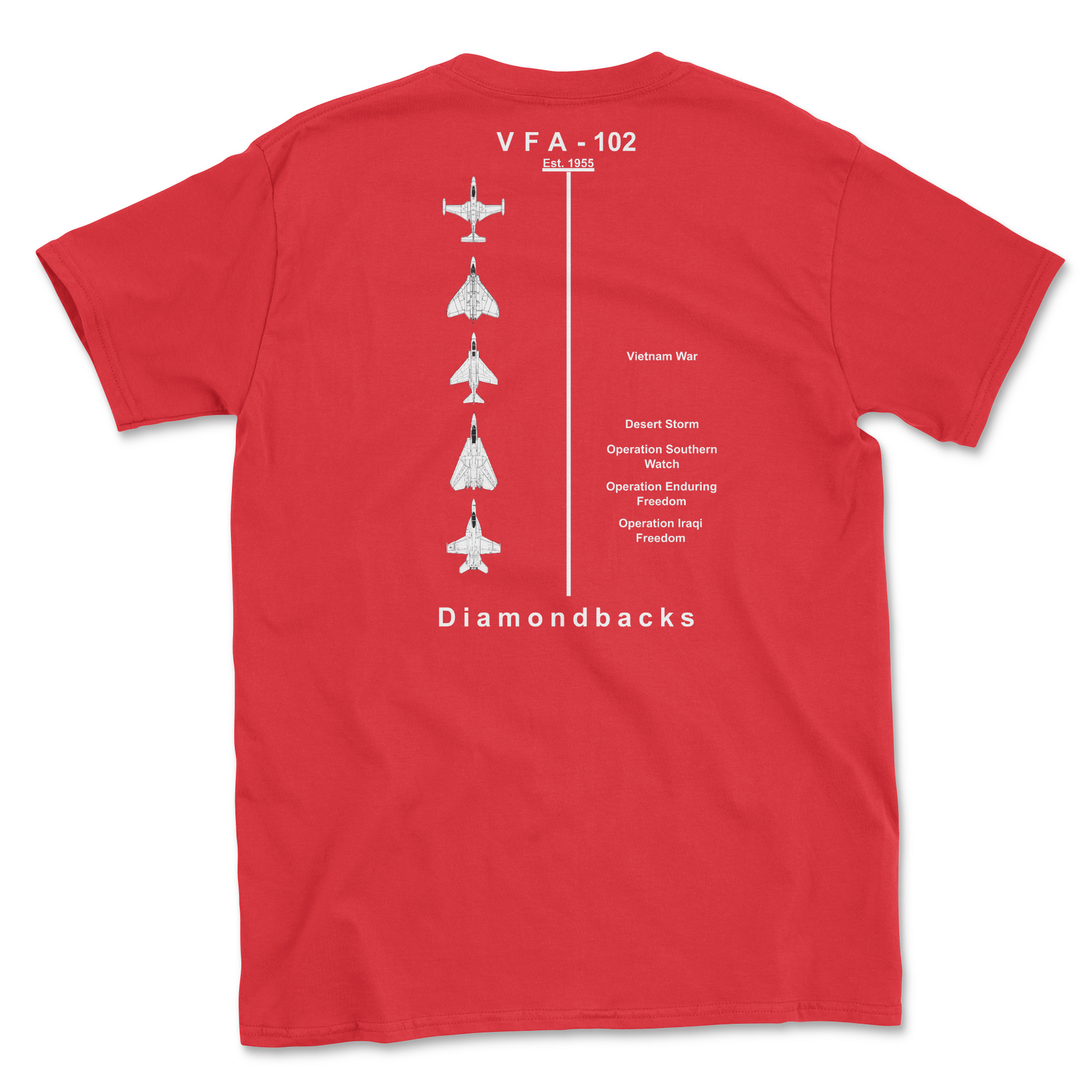 Red t-shirt with squadron aircraft and supported combat.