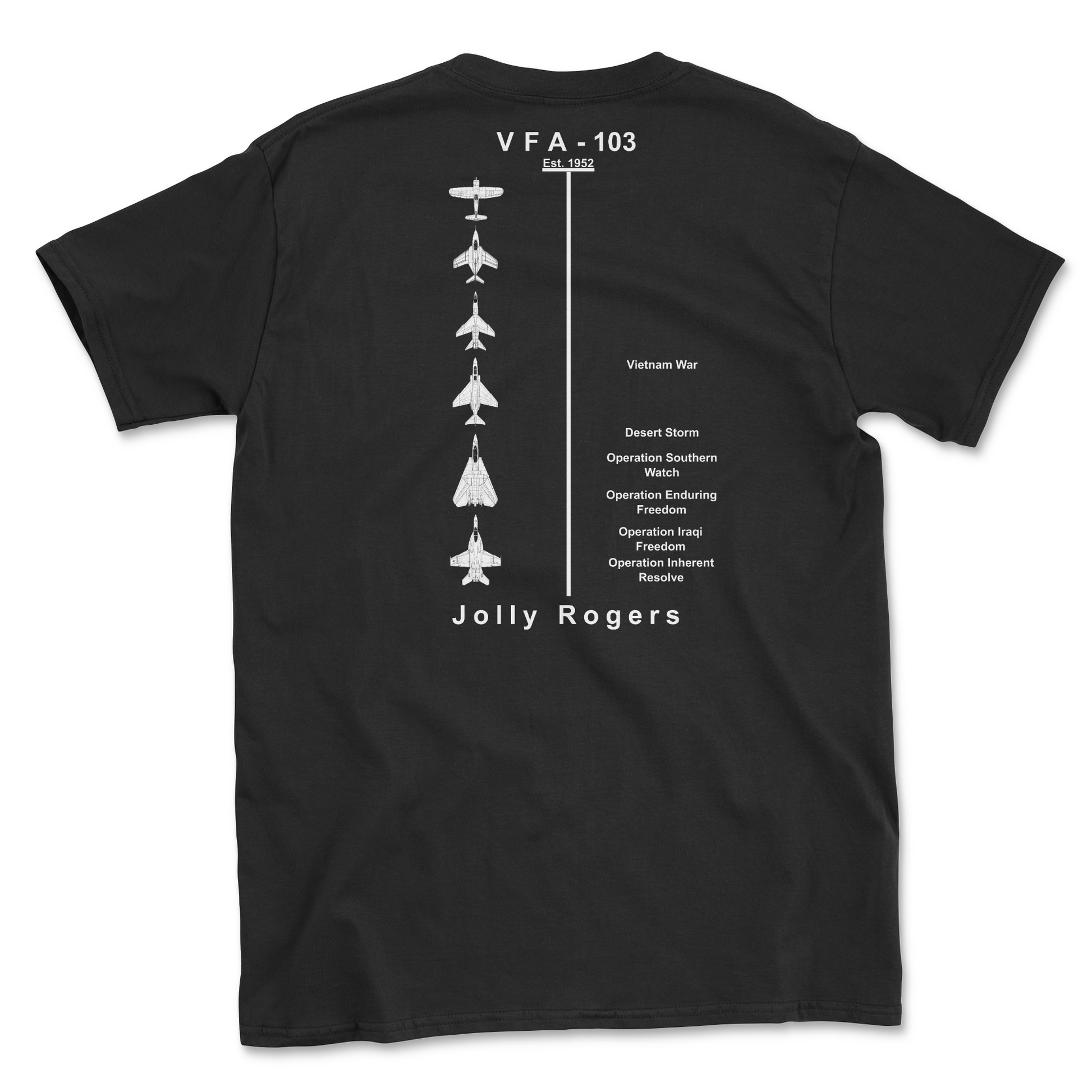Black t-shirt with squadron aircraft and supported combat.