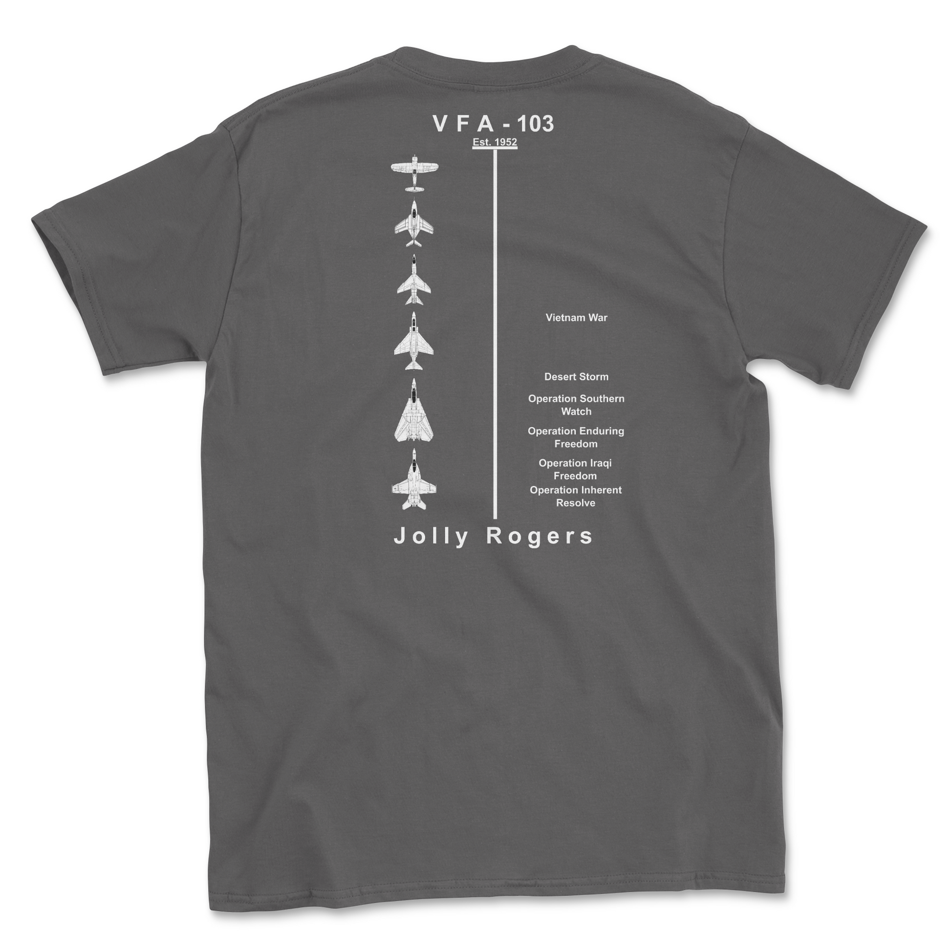 Charcoal t-shirt with squadron aircraft and supported combat.