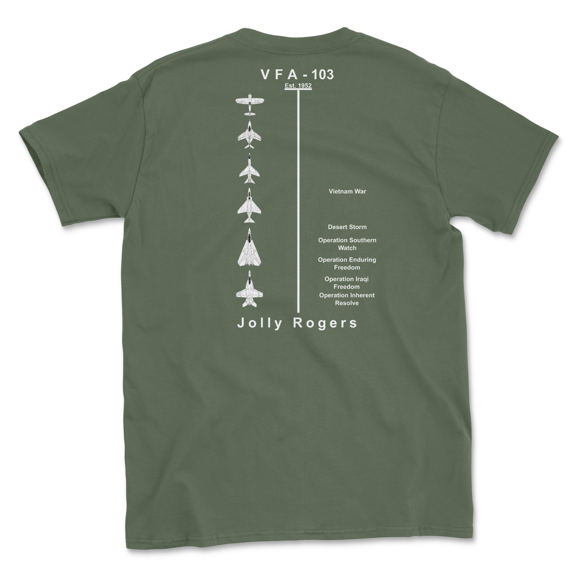 Military green t-shirt with squadron aircraft and supported combat.
