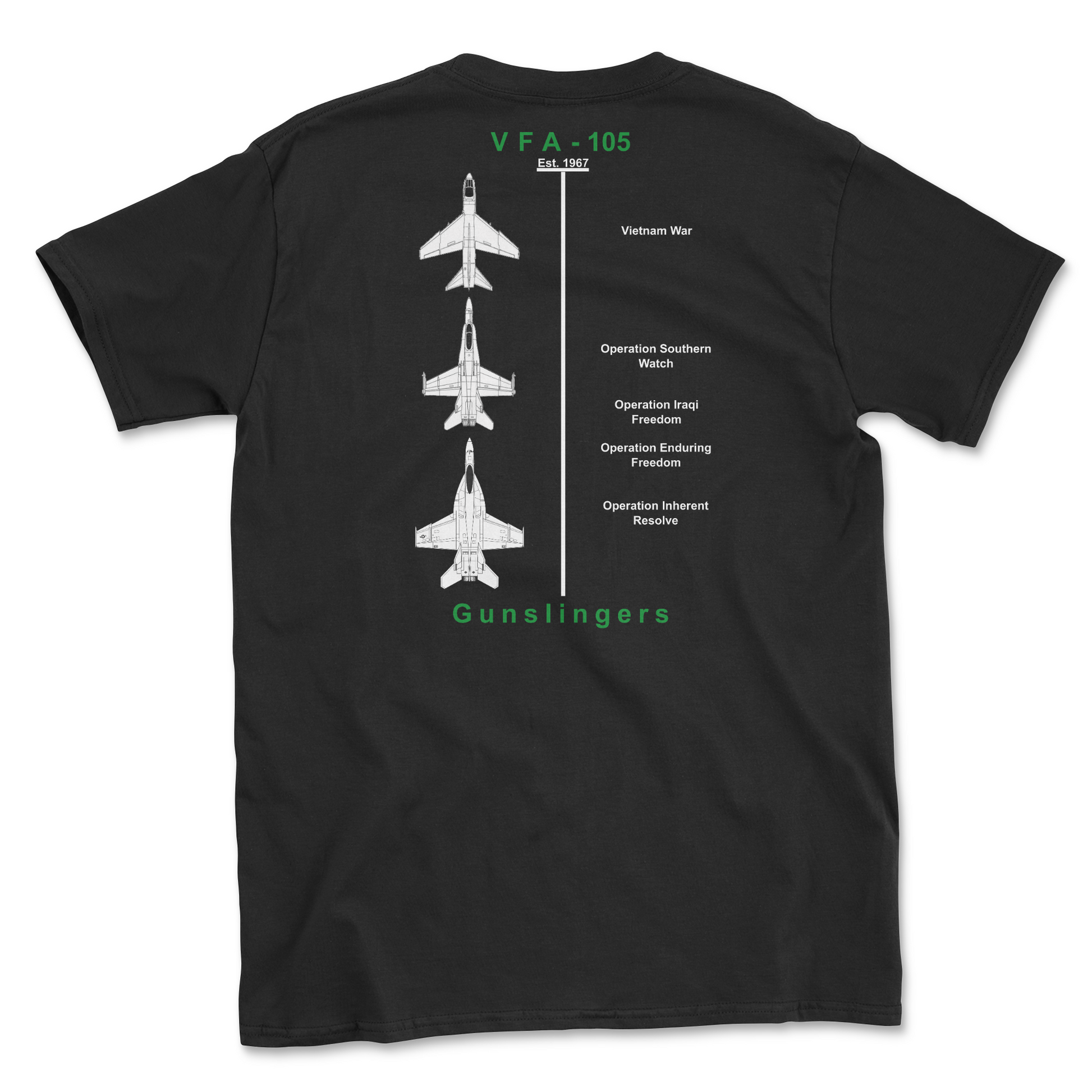 Black t-shirt with squadron aircraft and supported combat.