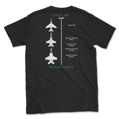 Black t-shirt with squadron aircraft and supported combat.