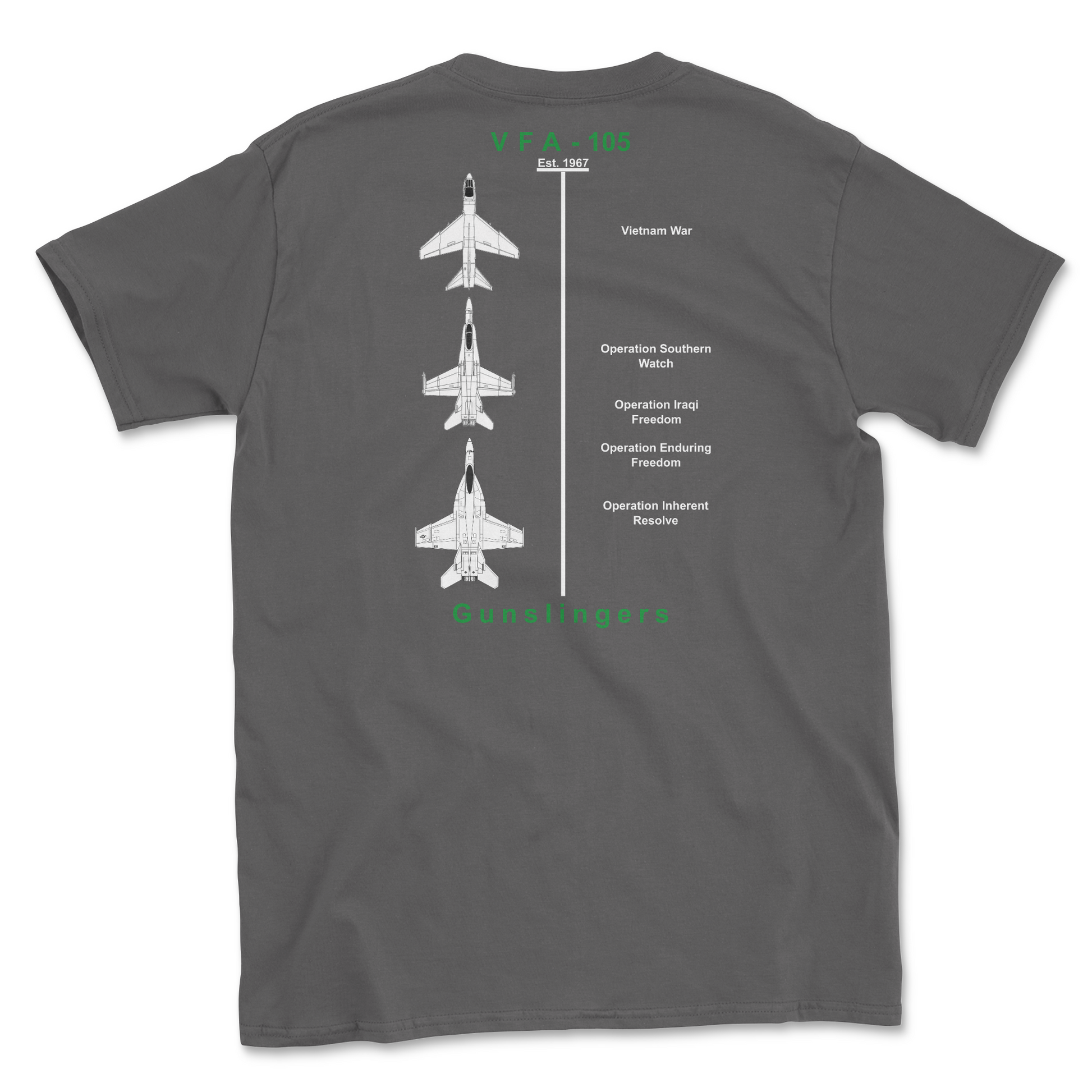 Charcoal t-shirt with squadron aircraft and supported combat.