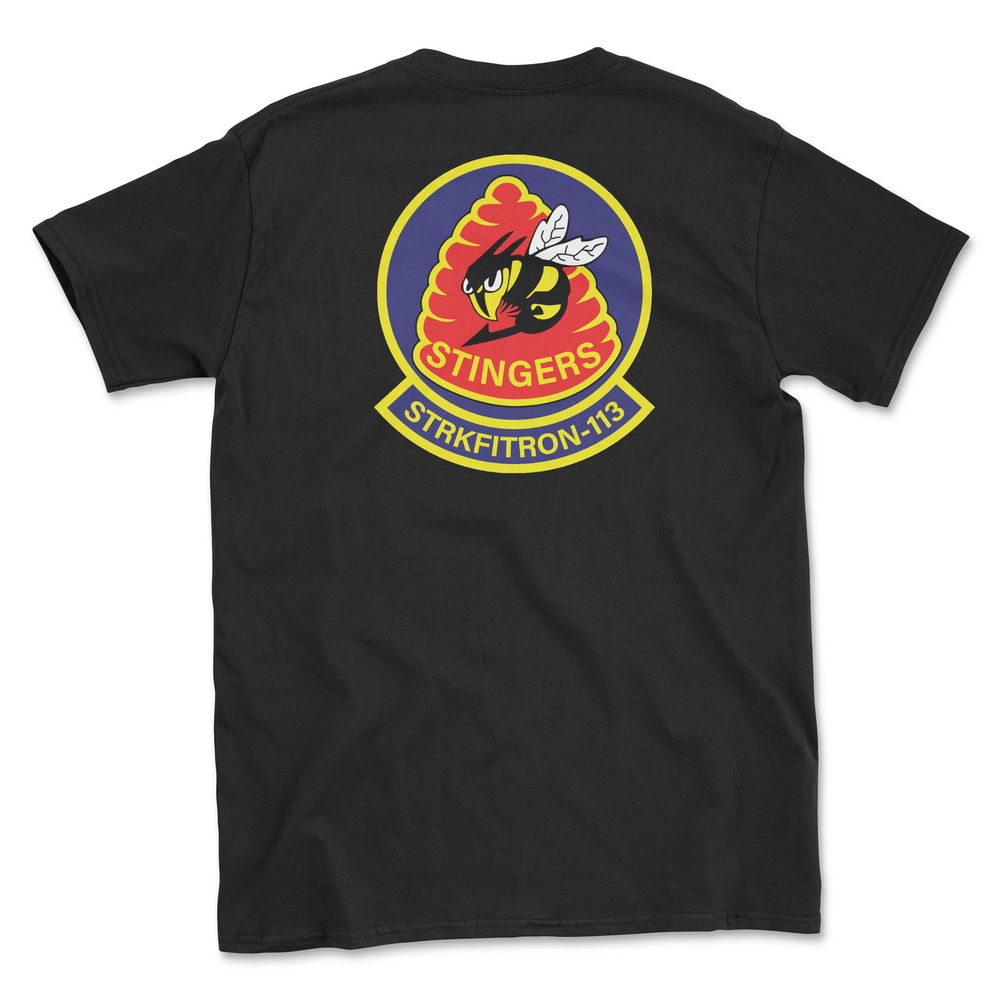 Black t-shirt with squadron patch.