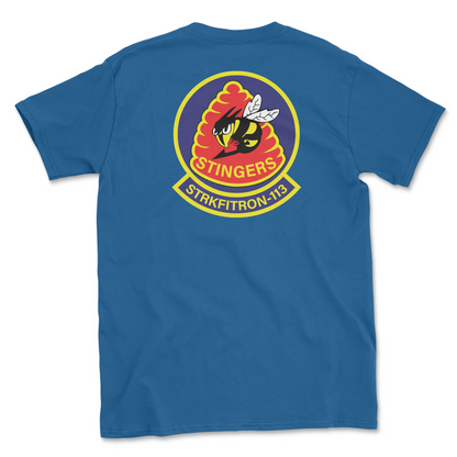 Royal blue t-shirt with squadron patch.