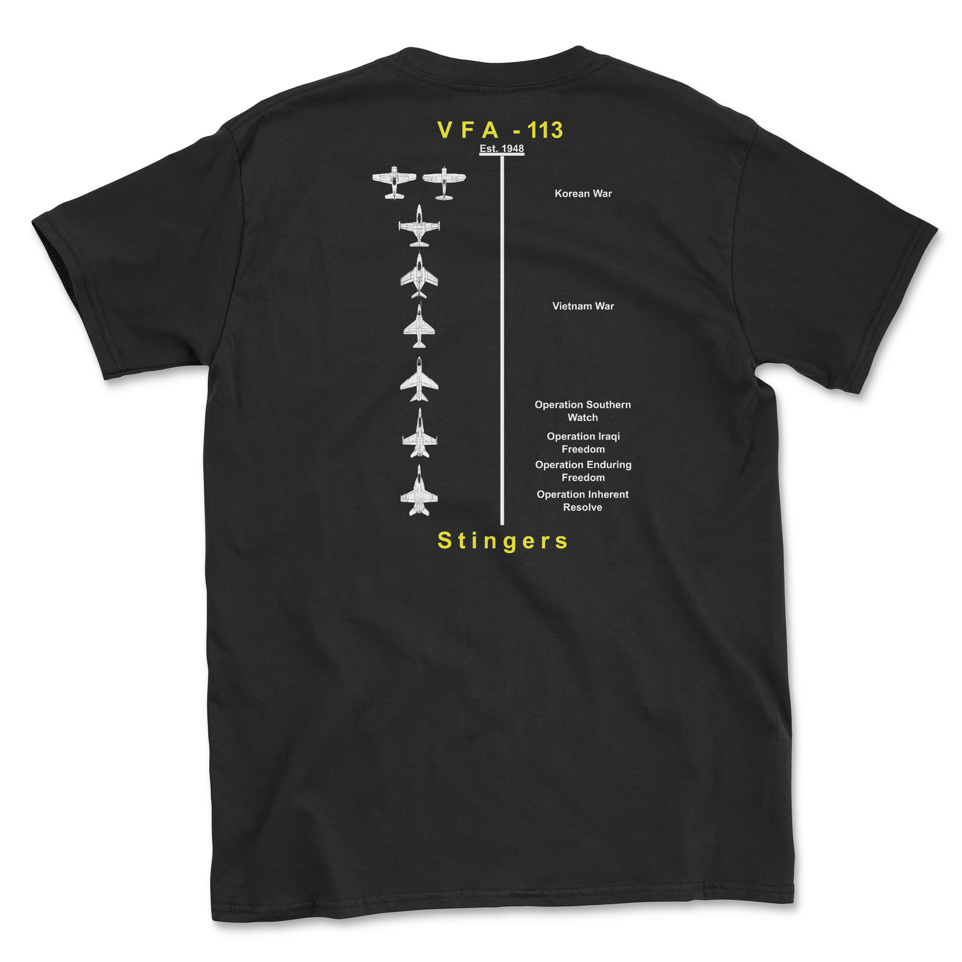 Black t-shirt with squadron aircraft and supported combat.