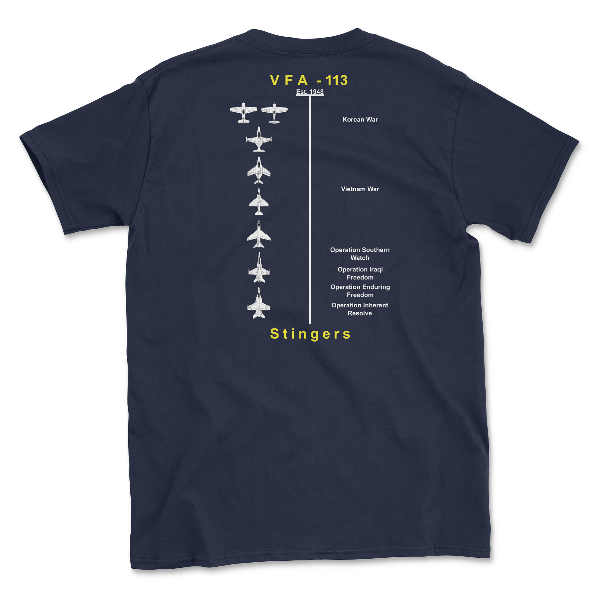 Navy blue t-shirt with squadron aircraft and supported combat.