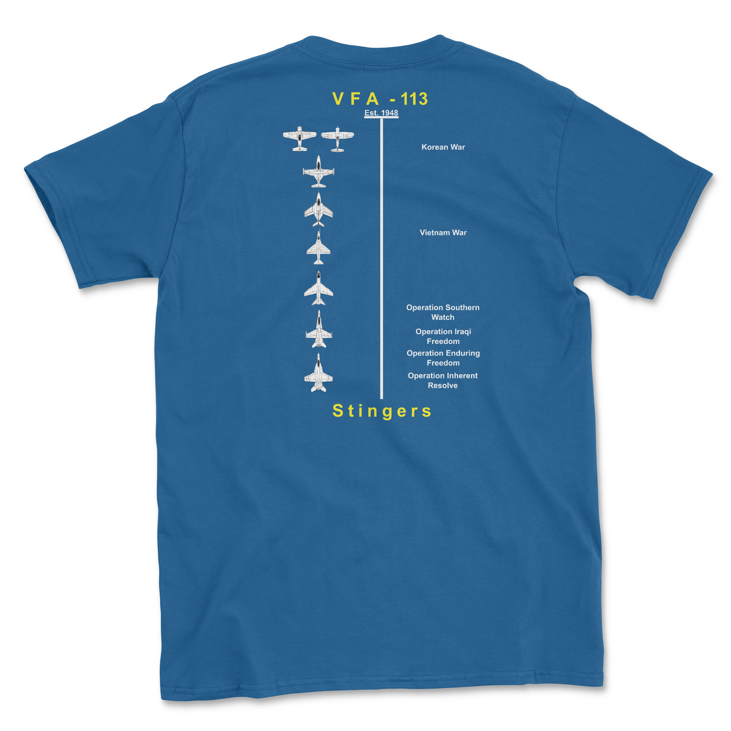 Royal blue t-shirt with squadron aircraft and supported combat.