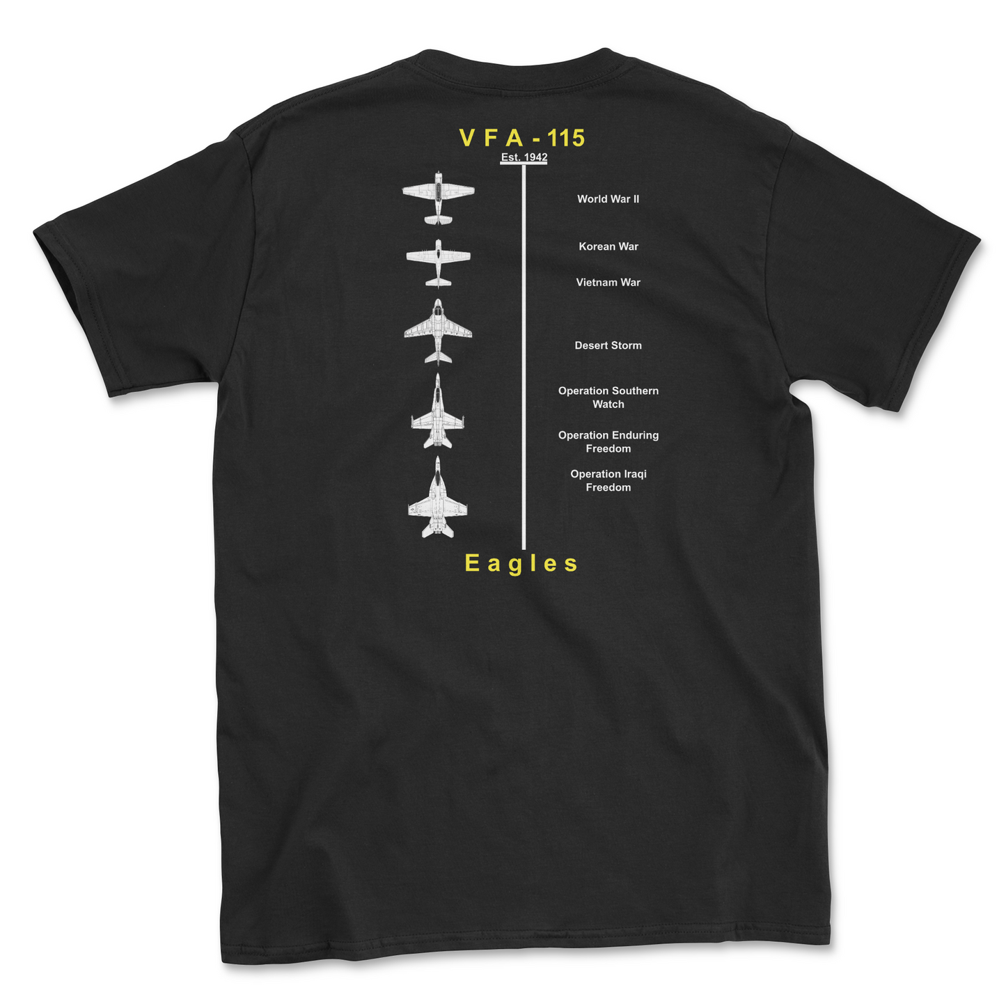 Black t-shirt with squadron aircraft and supported combat.