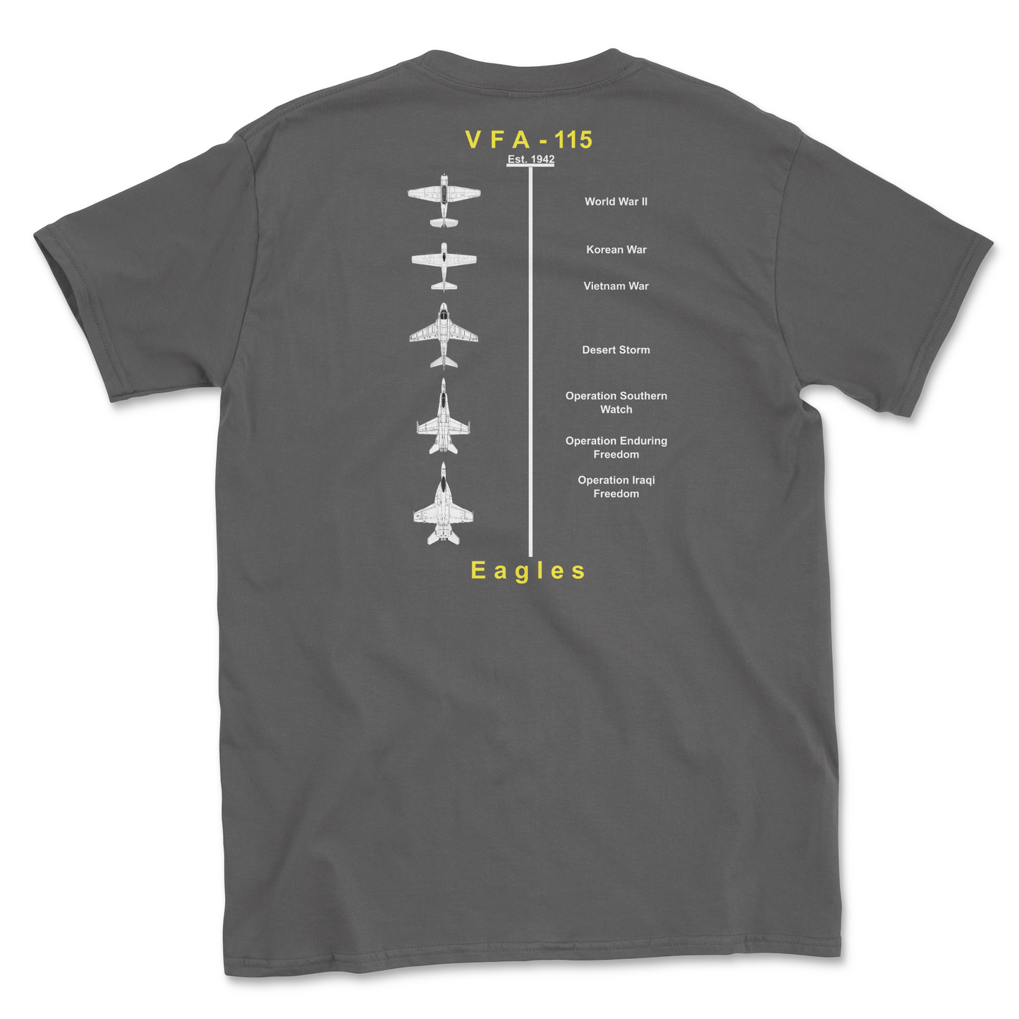 Charcoal t-shirt with squadron aircraft and supported combat.