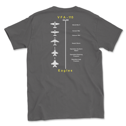 Charcoal t-shirt with squadron aircraft and supported combat.