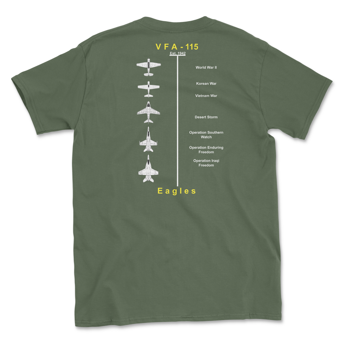 Military green t-shirt with squadron aircraft and supported combat.