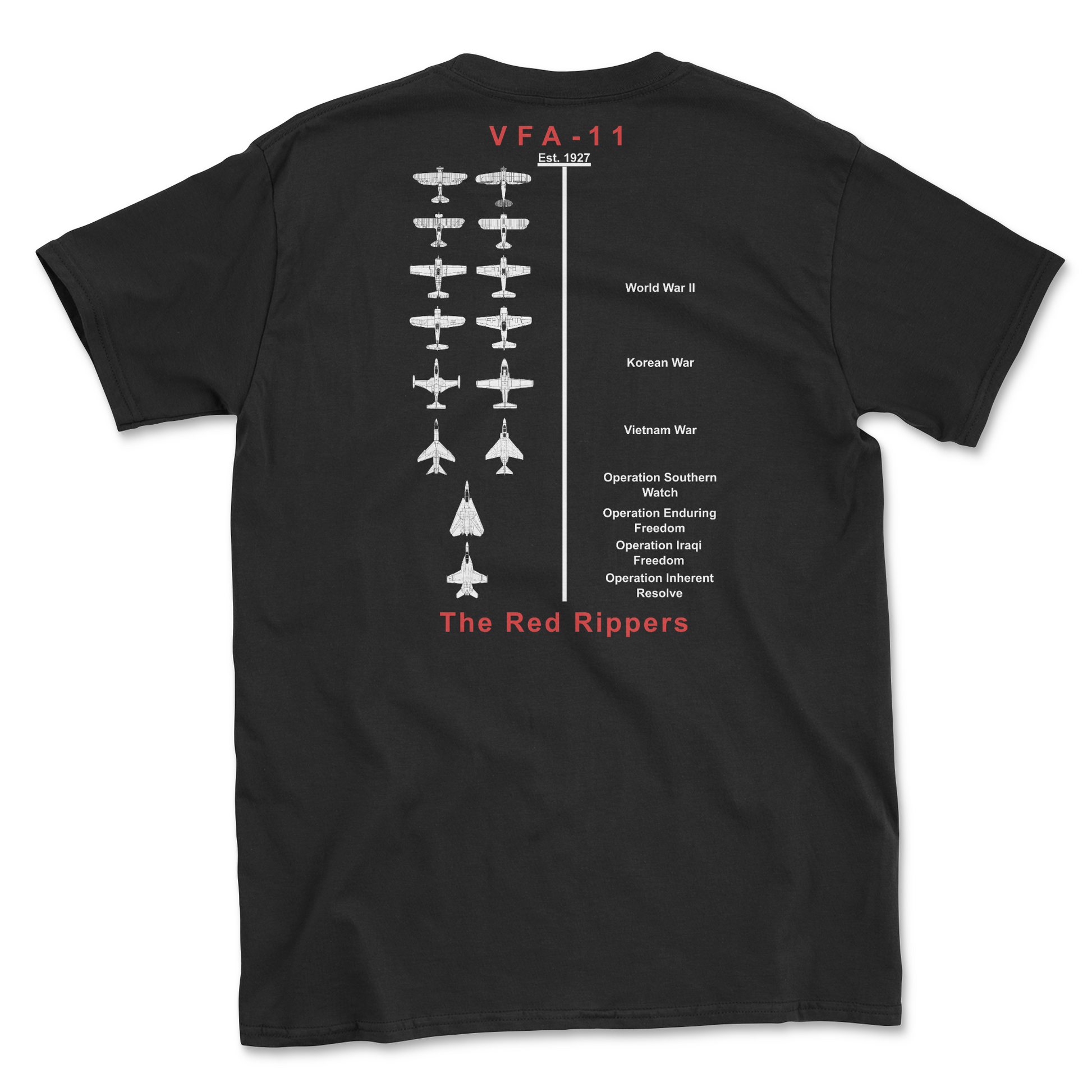Black t-shirt with squadron aircraft and supported combat.