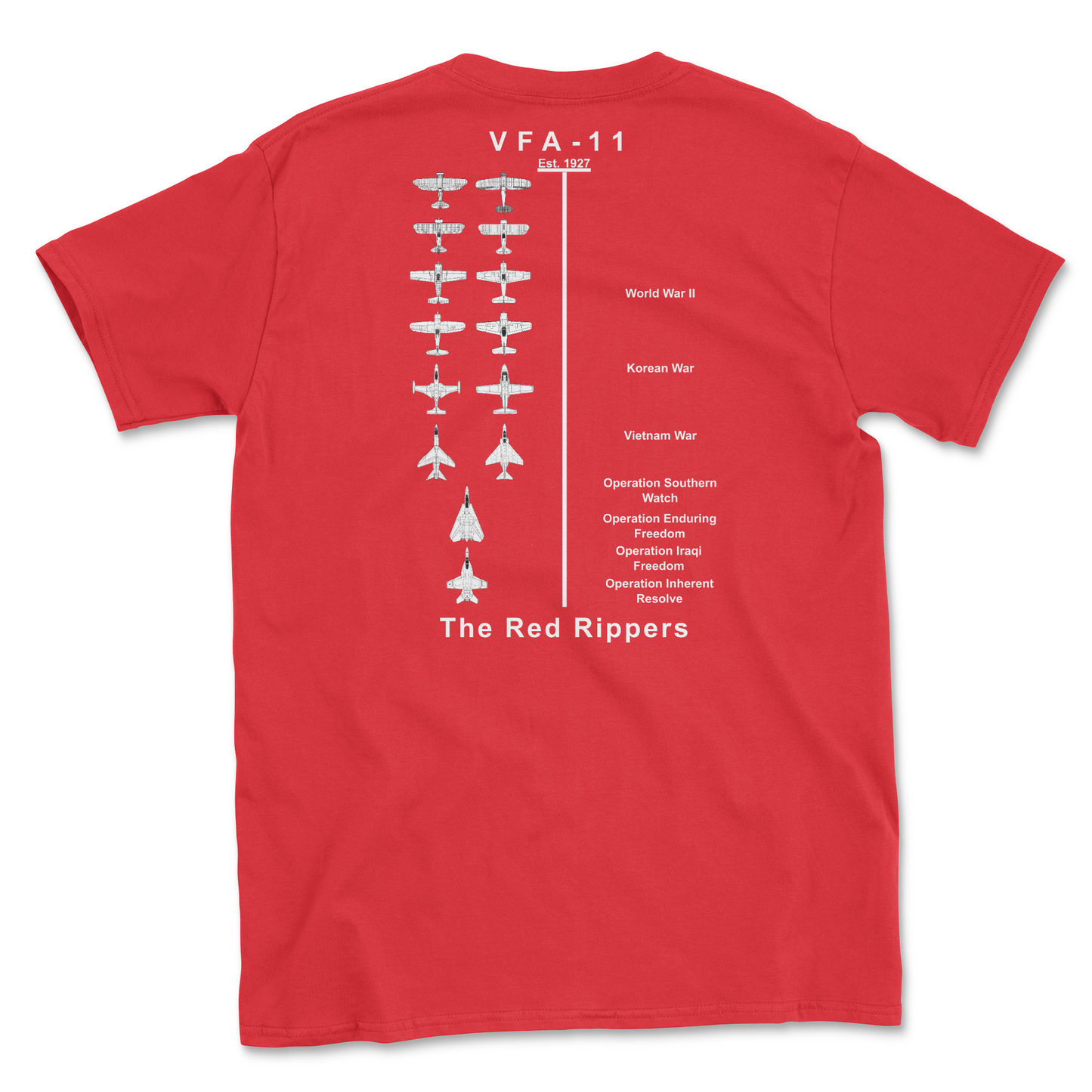 Red t-shirt with squadron aircraft and supported combat.