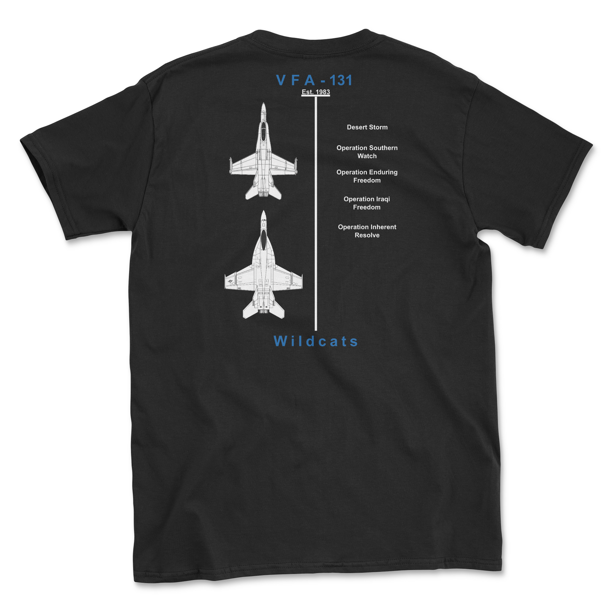 Black t-shirt with squadron aircraft and supported combat.