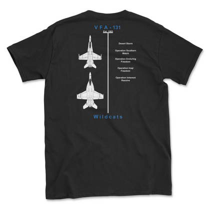 Black t-shirt with squadron aircraft and supported combat.