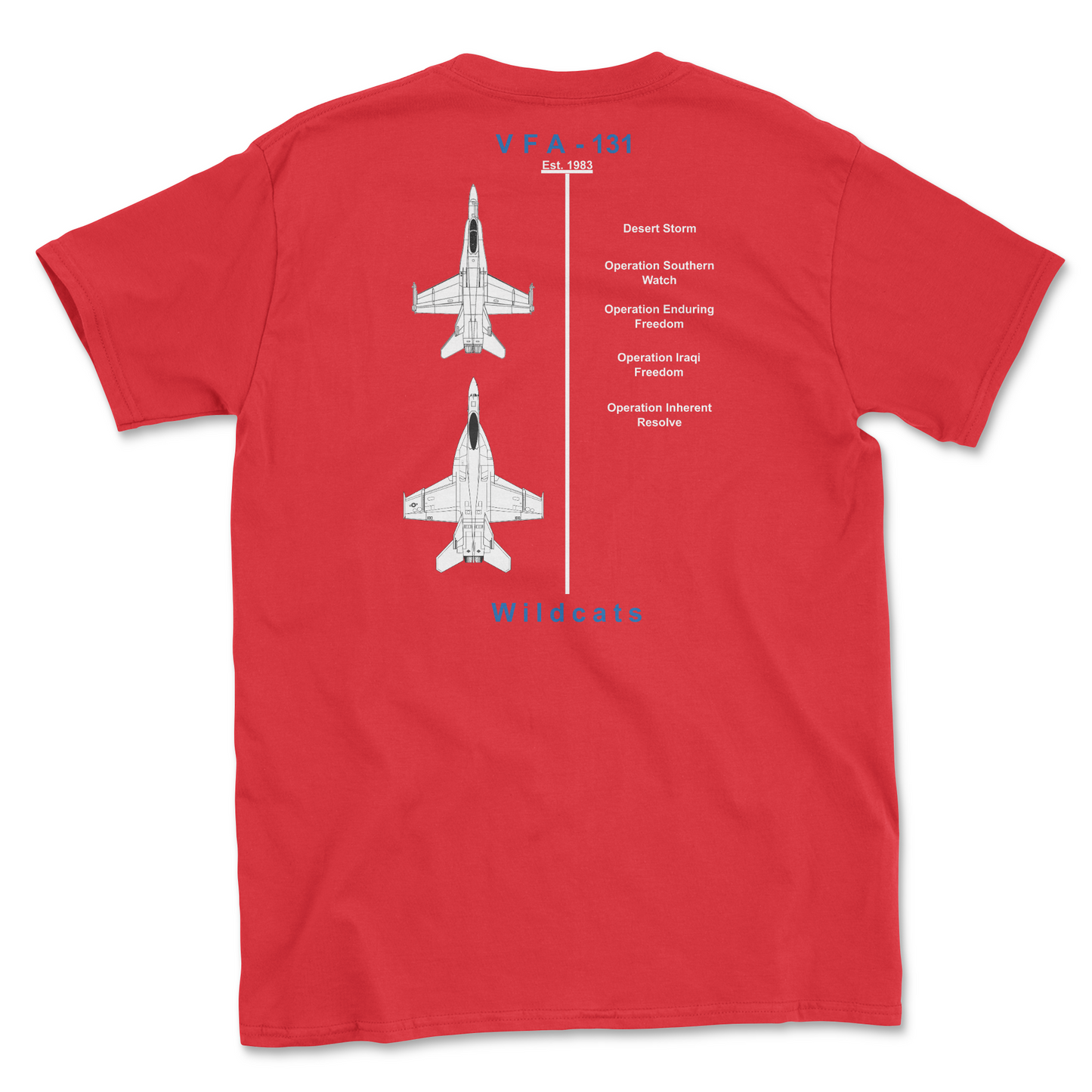 Red t-shirt with squadron aircraft and supported combat.