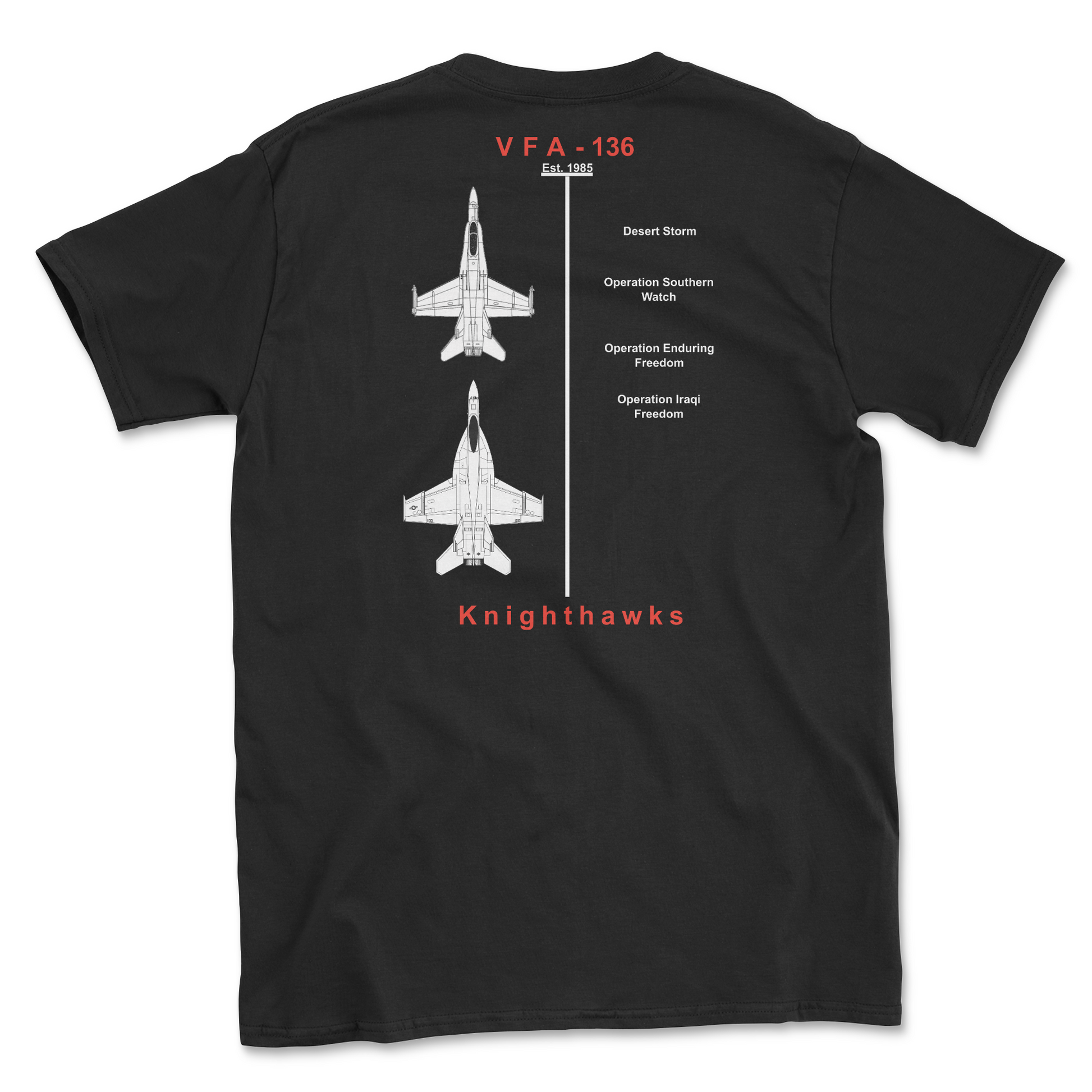 Black t-shirt with squadron aircraft and supported combat.