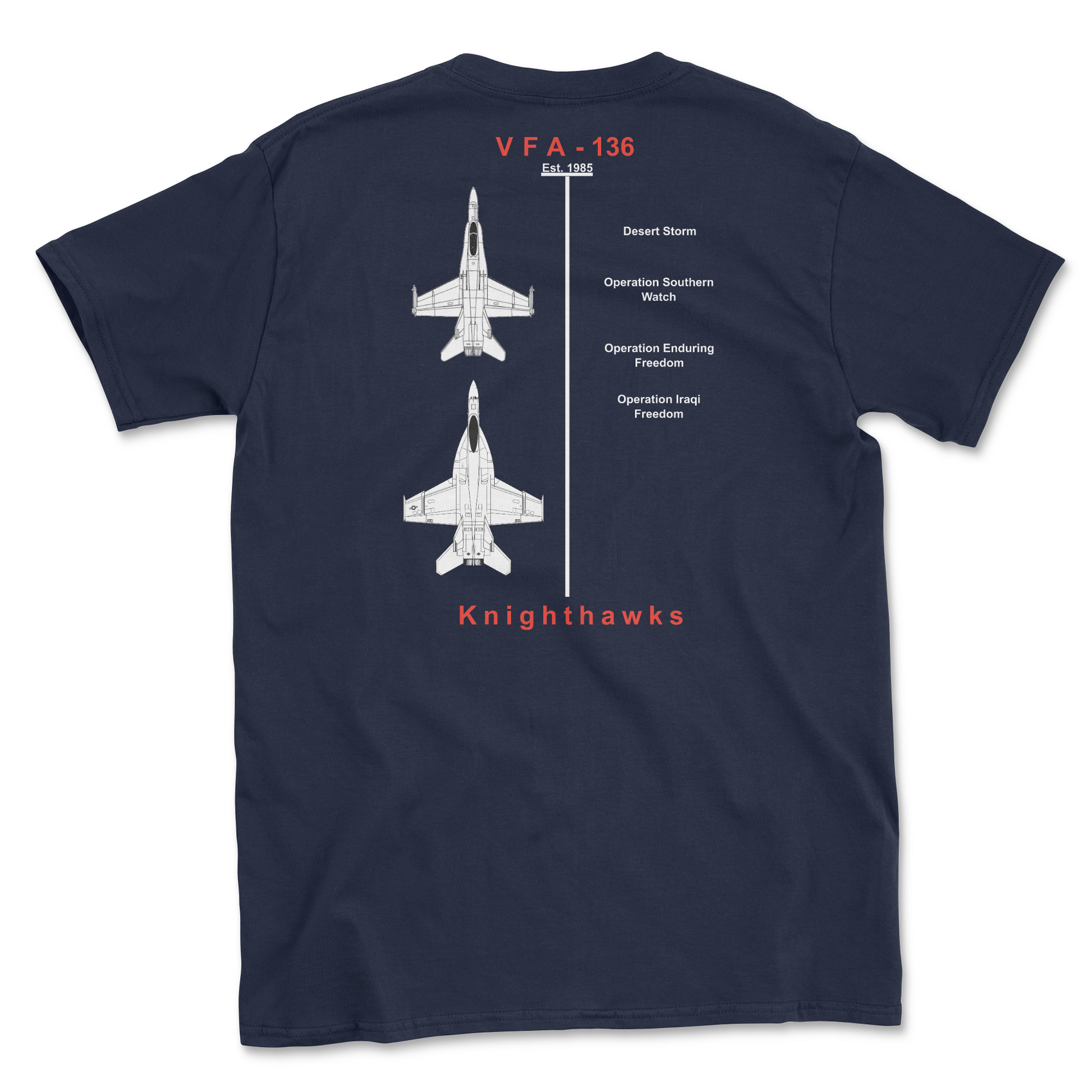 Navy blue t-shirt with squadron aircraft and supported combat.