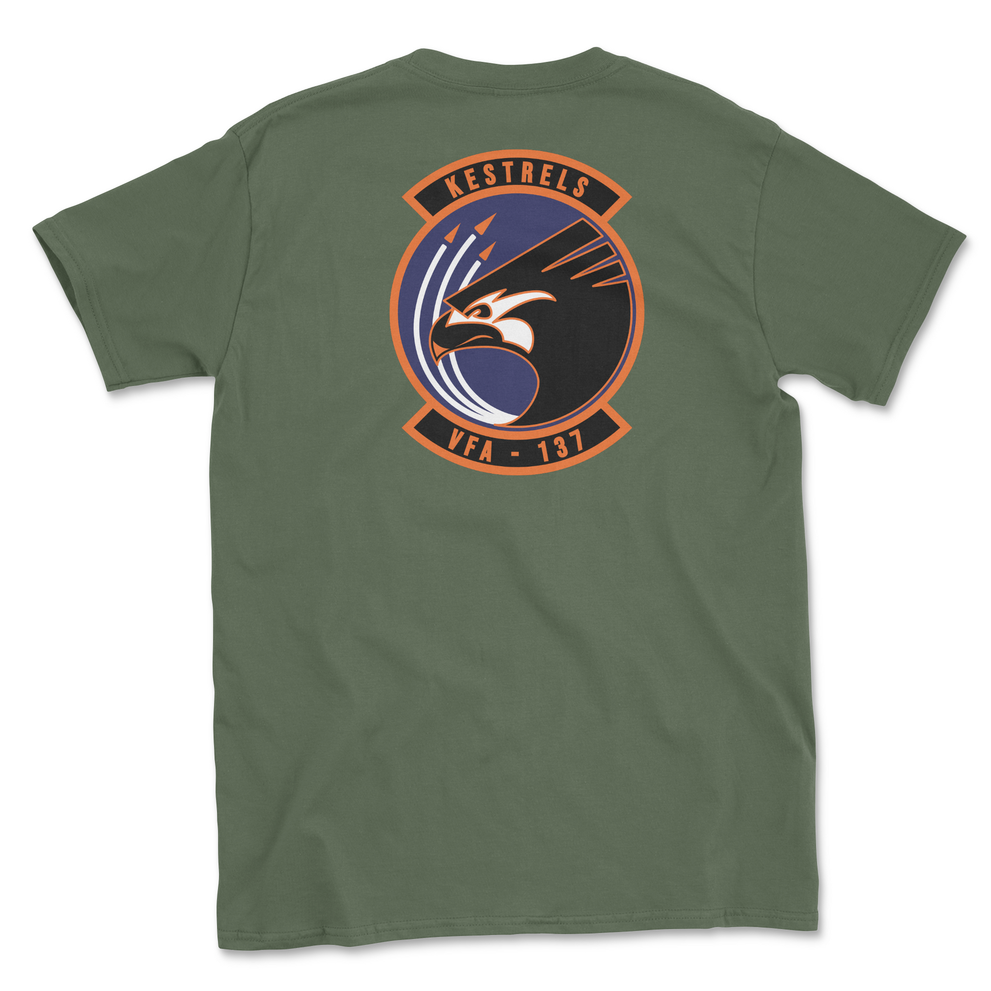 Military green t-shirt with squadron patch.