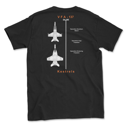 Black t-shirt with squadron aircraft and supported combat.