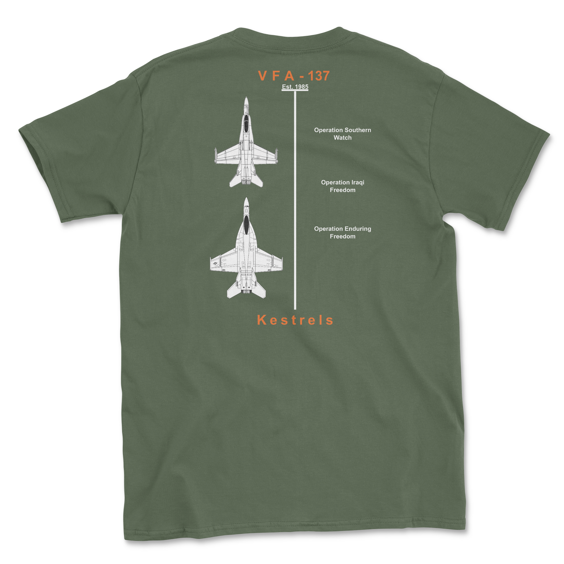 Military green t-shirt with squadron aircraft and supported combat.