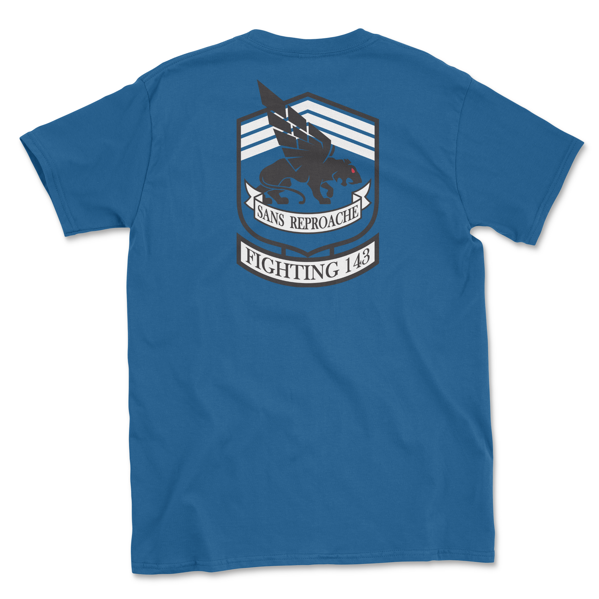 Royal blue t-shirt with squadron patch.