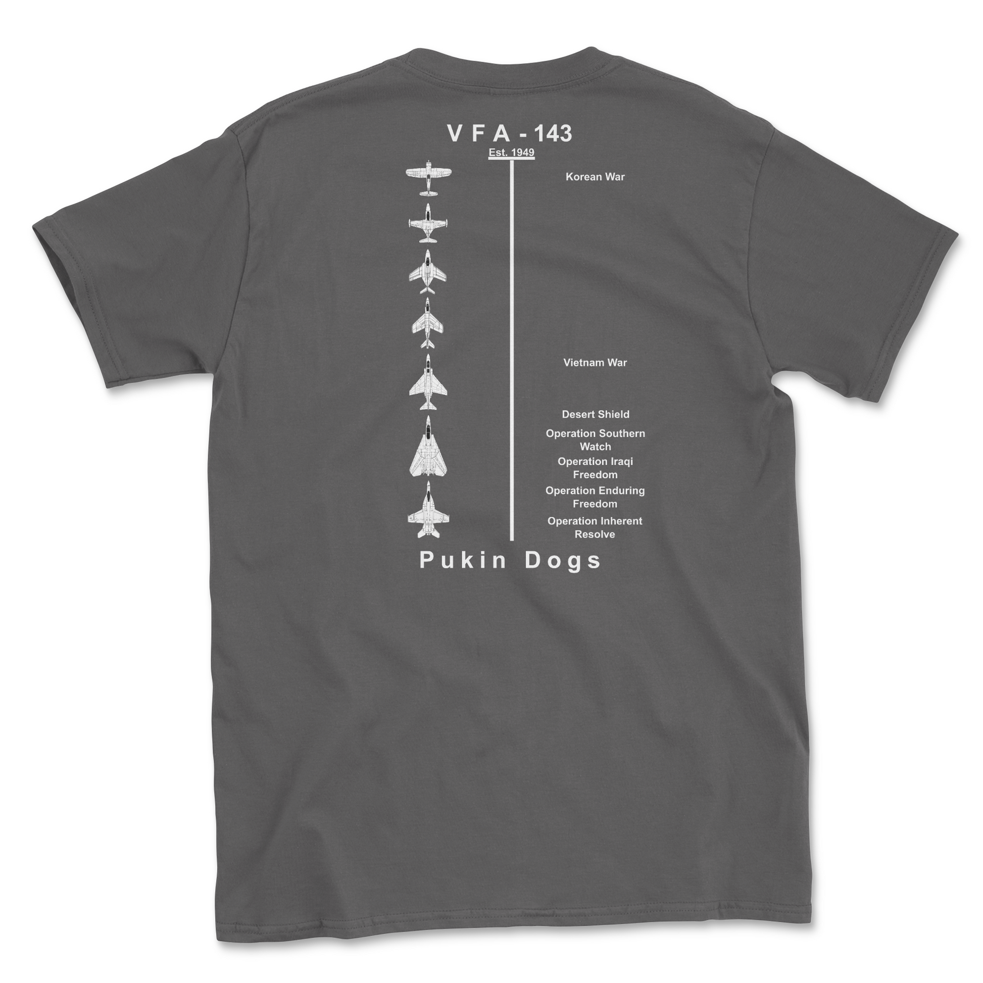 Charcoal t-shirt with squadron aircraft and supported combat.