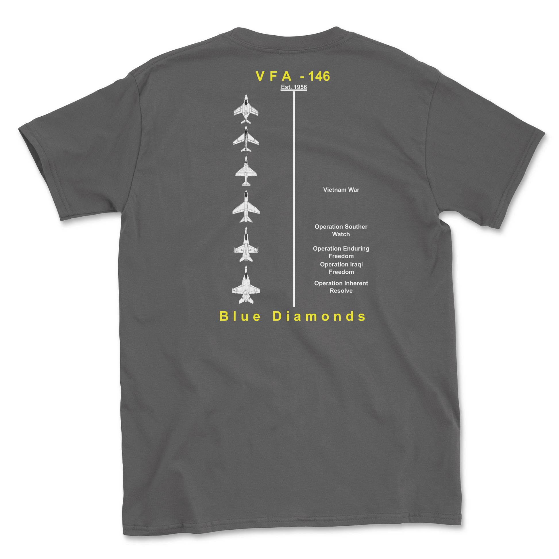Charcoal t-shirt with squadron aircraft and supported combat.