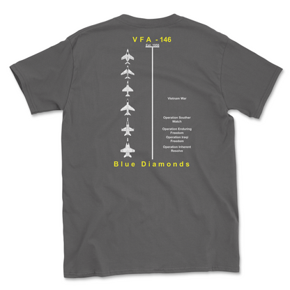 Charcoal t-shirt with squadron aircraft and supported combat.