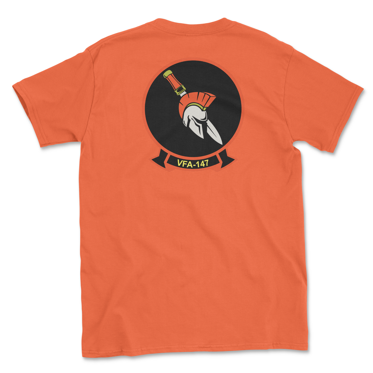 Orange t-shirt with squadron patch.