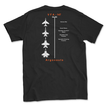 Black t-shirt with squadron aircraft and supported combat.