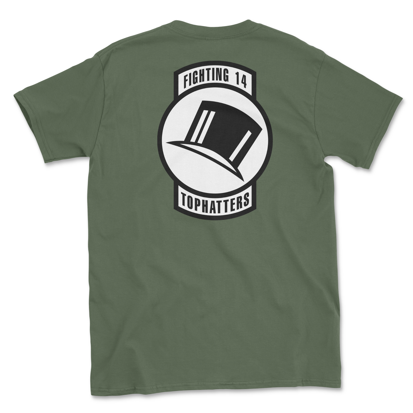 Military green t-shirt with squadron patch.