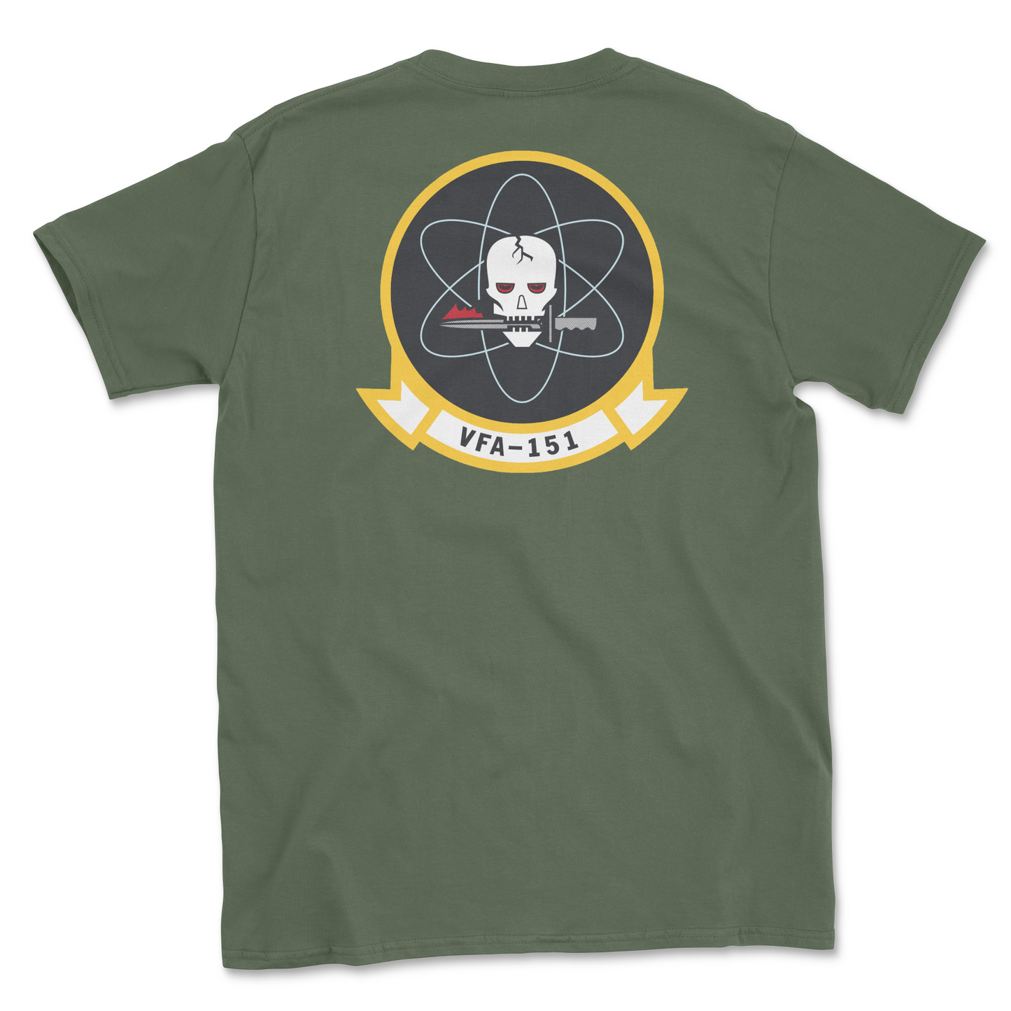 Military green t-shirt with squadron patch.